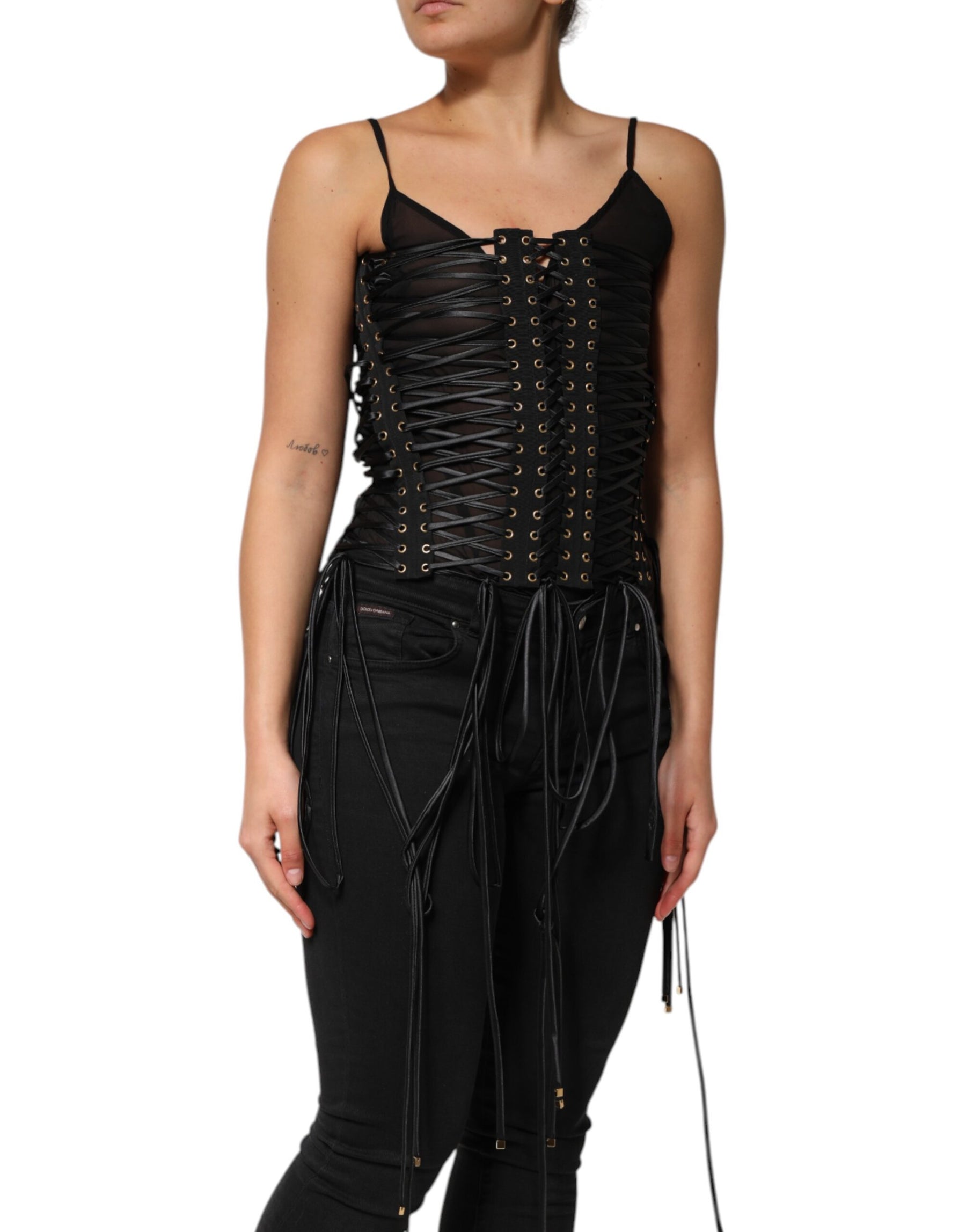 Dolce & Gabbana Black Eyelet Embellished Corset Style Top | Regal Royce