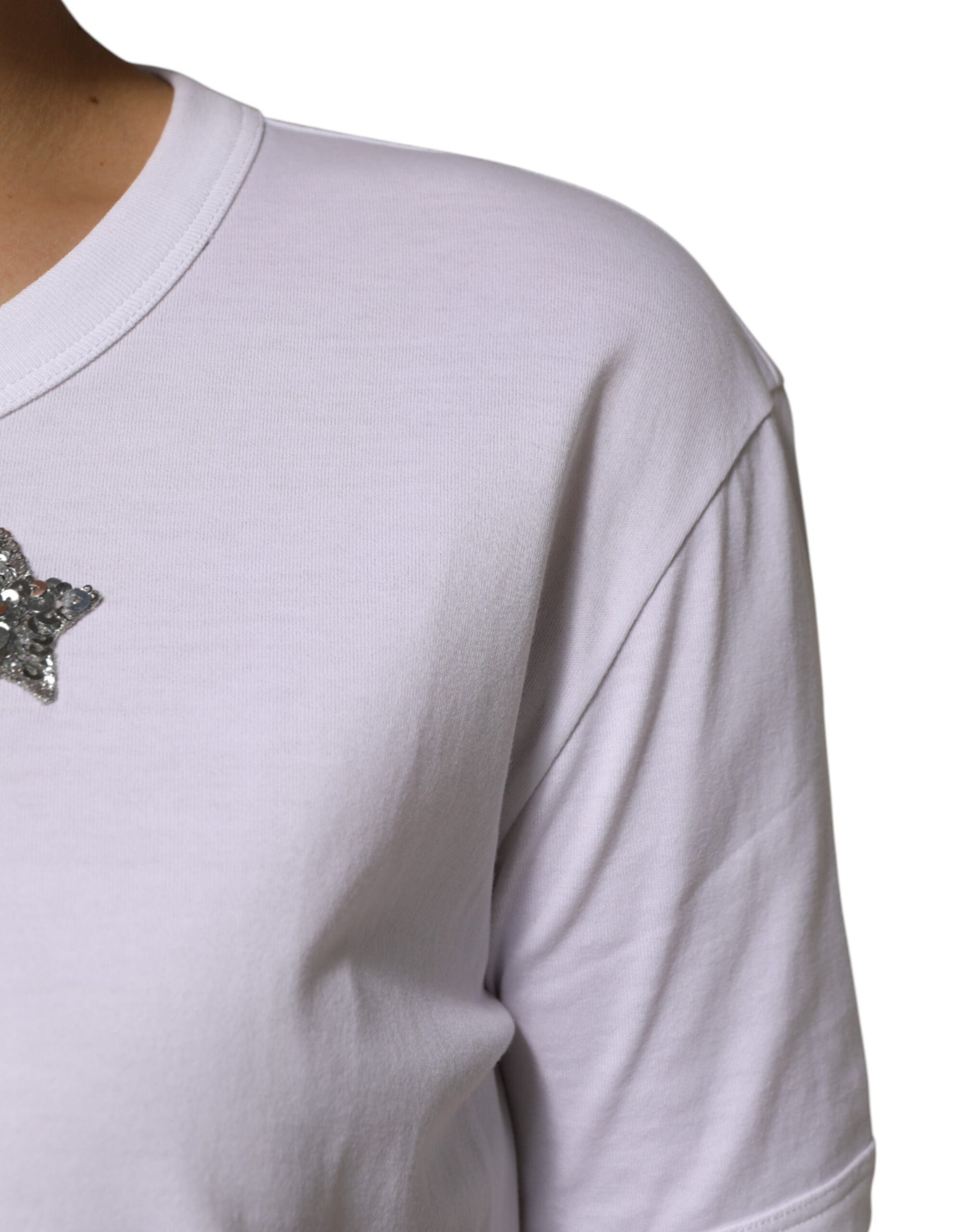 Dolce & Gabbana White Cotton Sequin Embellished Top T-shirt | Regal Royce