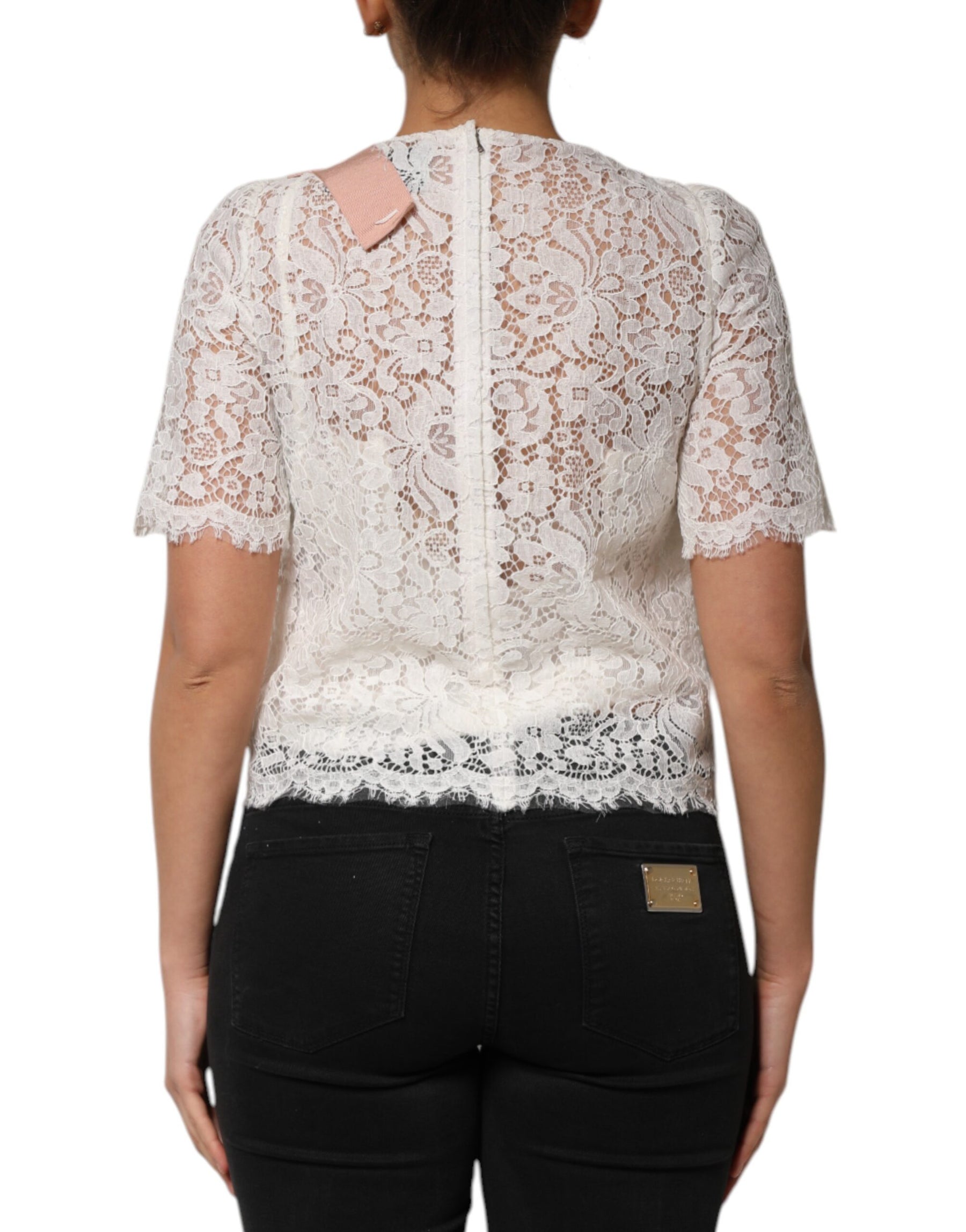 Dolce & Gabbana White Floral Lace Short Sleeves Blouse Top | Regal Royce
