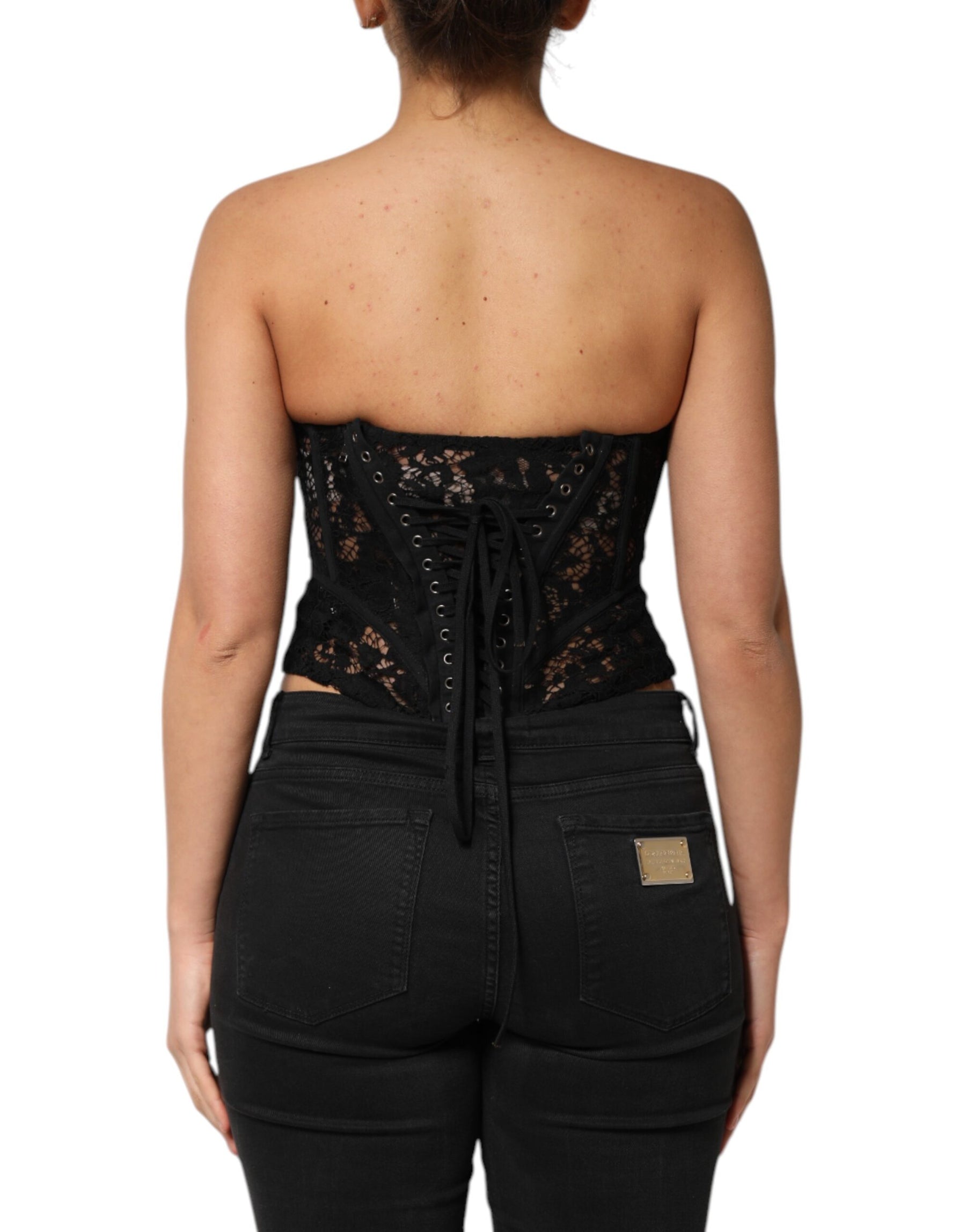 Dolce & Gabbana Black Strapless Floral Lace Bustier Cropped Top | Regal Royce
