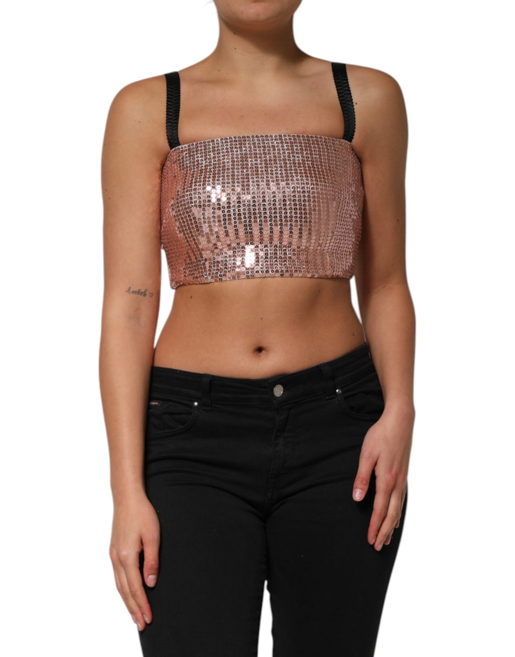 Dolce & Gabbana Pink Sequined Nylon Sleeveless Cropped Top | Regal Royce