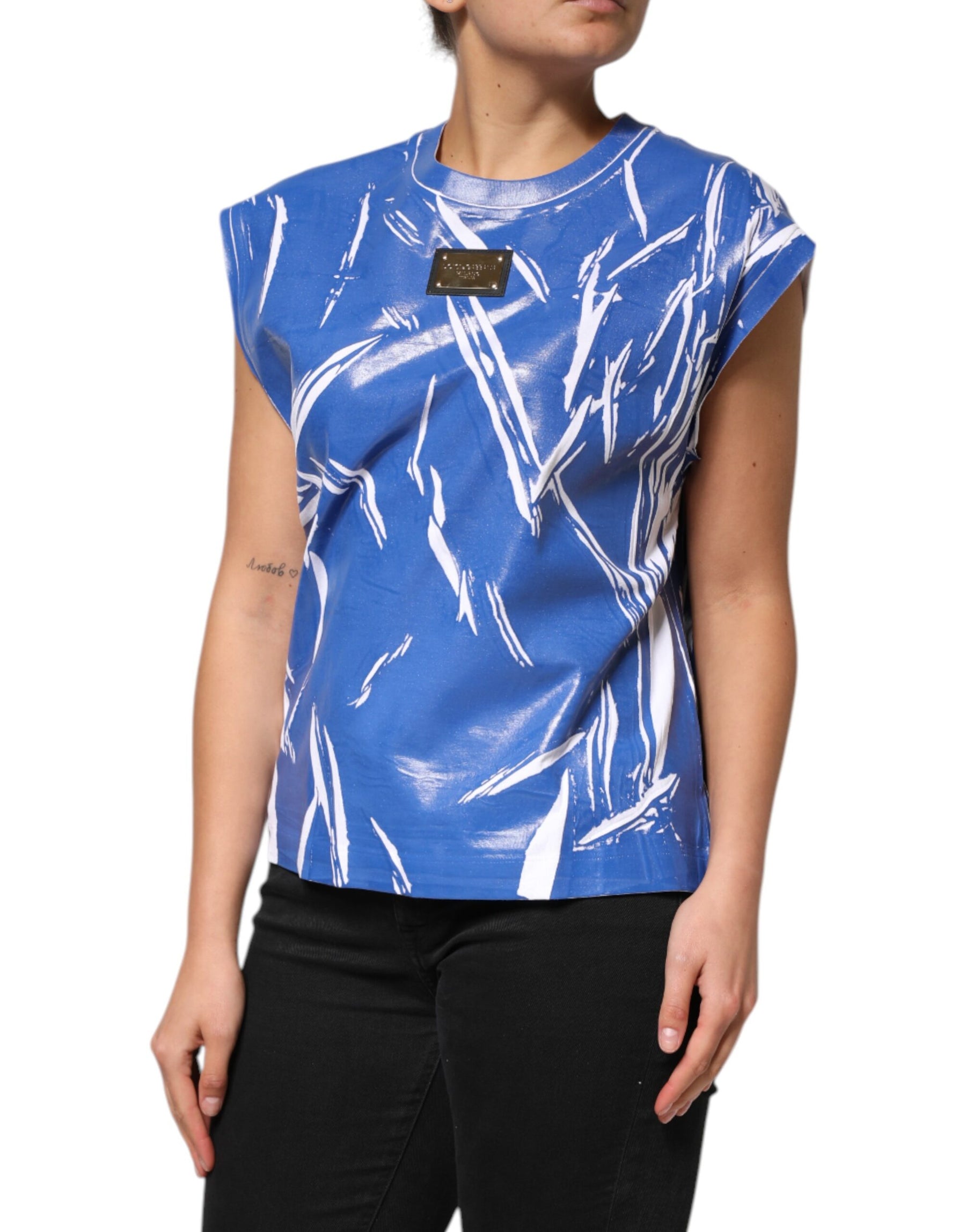 Dolce & Gabbana Blue White Cotton Logo Plaque Women Tank Top | Regal Royce