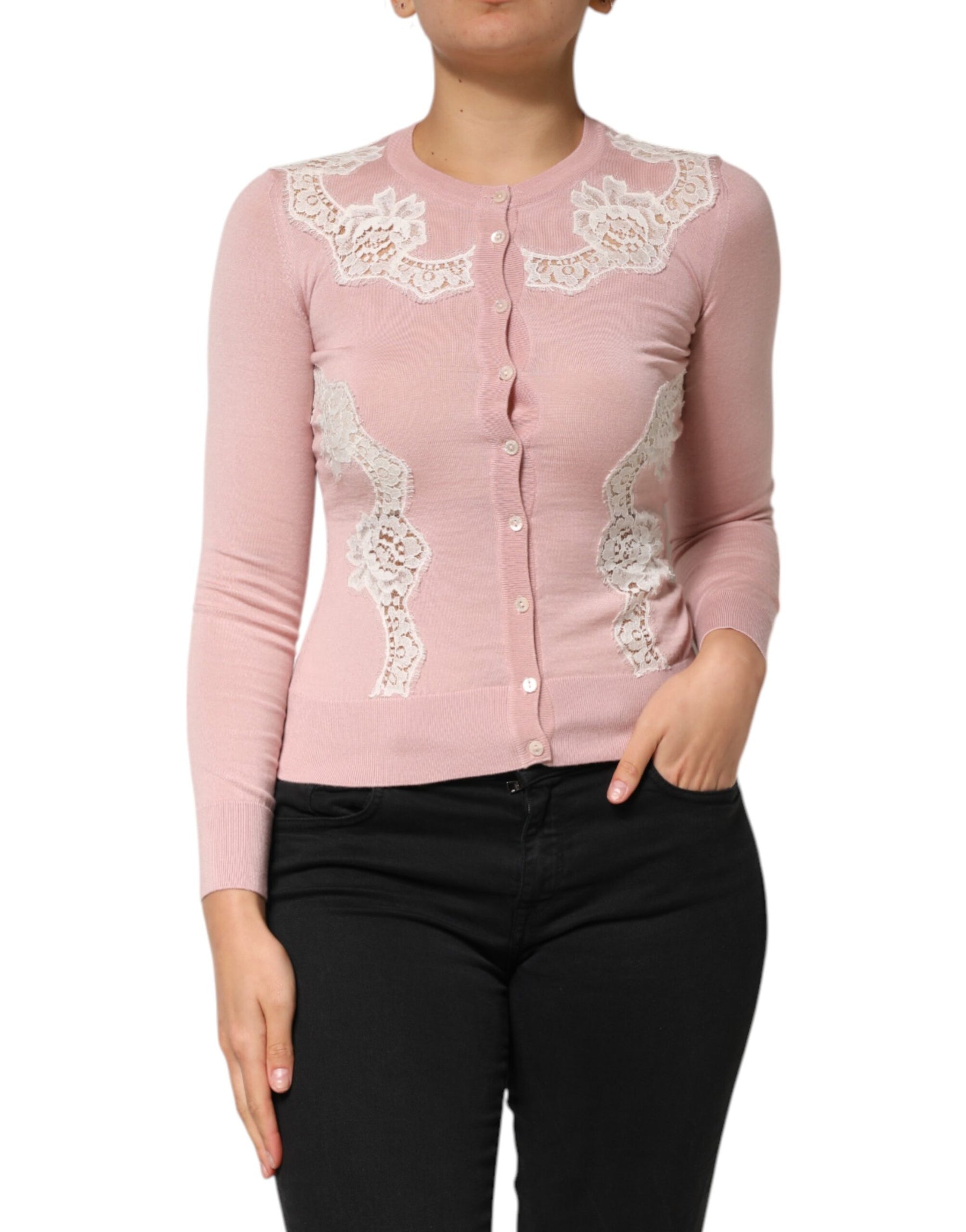 Dolce & Gabbana Pink Floral Lace Detailing Cardigan Sweater | Regal Royce