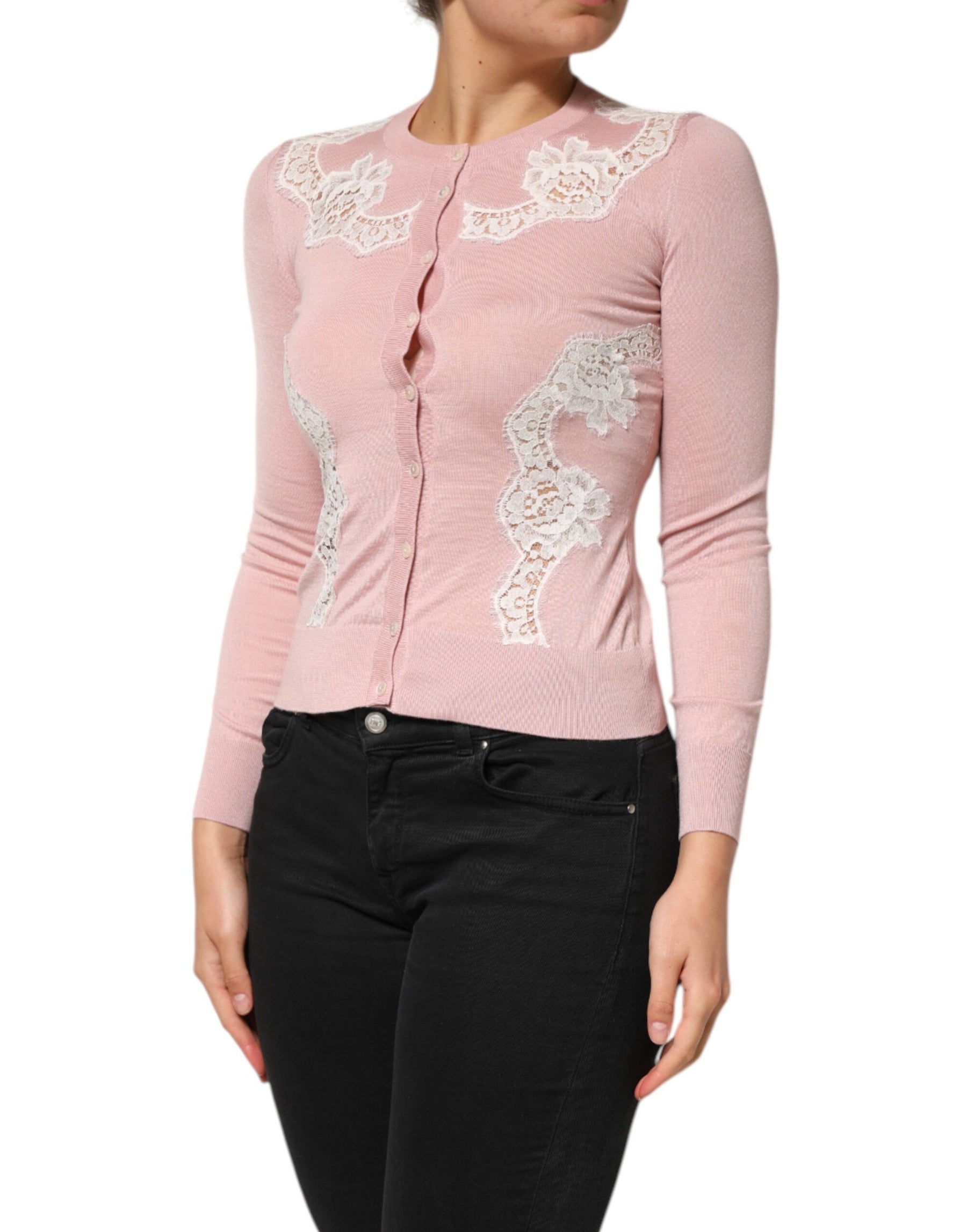 Dolce & Gabbana Pink Floral Lace Detailing Cardigan Sweater | Regal Royce