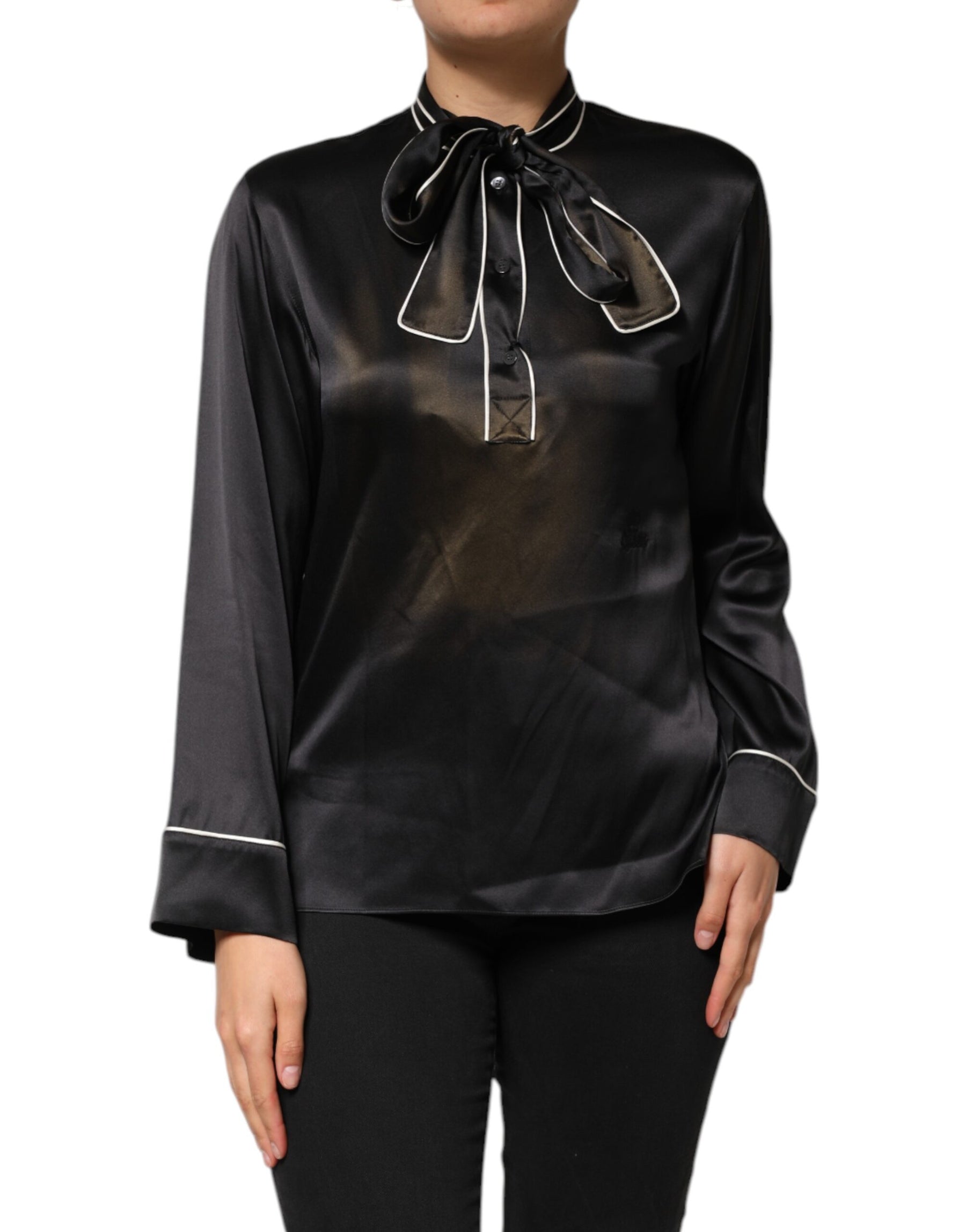 Dolce & Gabbana Black Silk Ascot Collared Button Blouse Top | Regal Royce