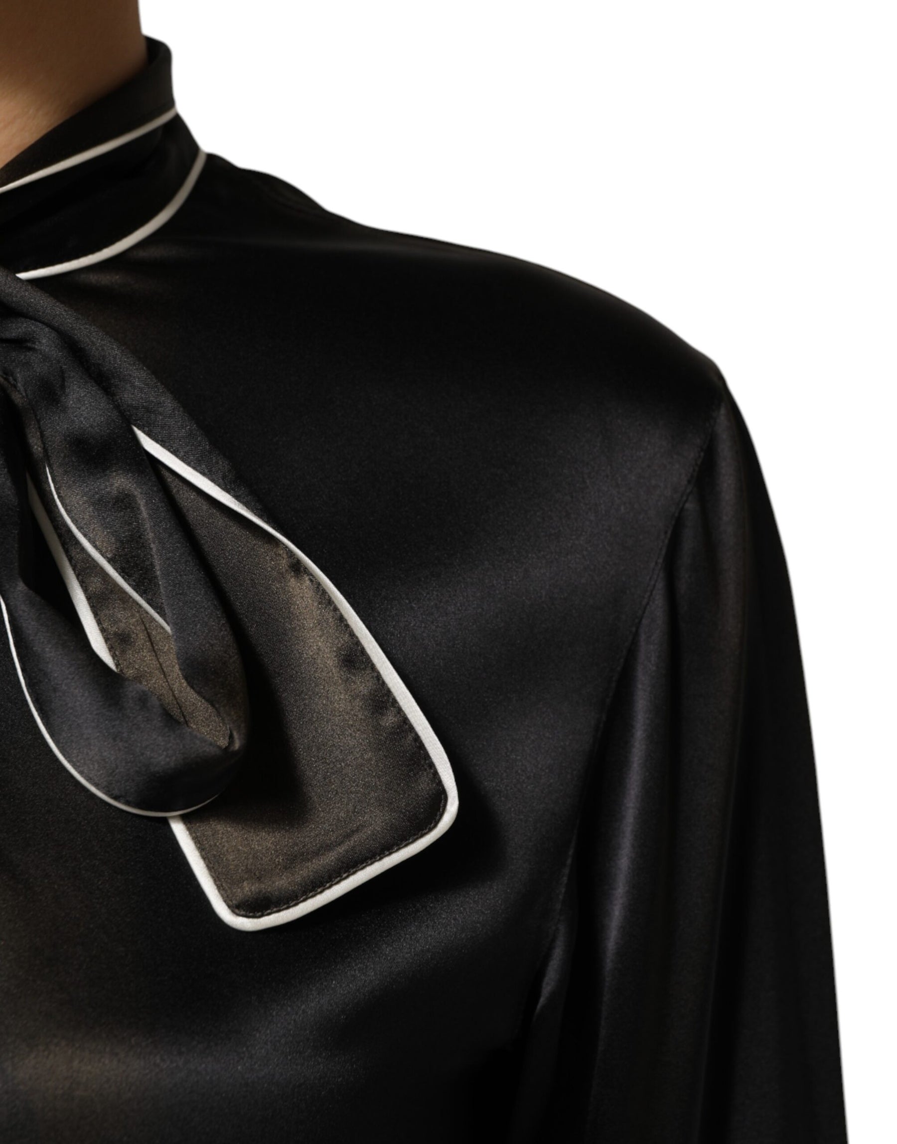 Dolce & Gabbana Black Silk Ascot Collared Button Blouse Top | Regal Royce