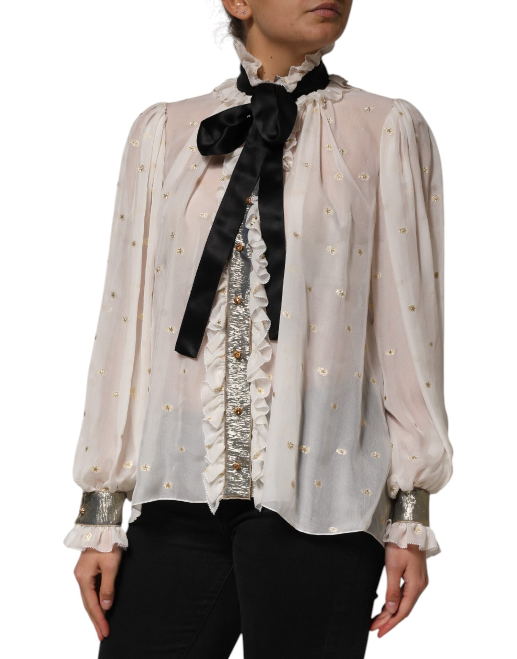 Dolce & Gabbana White Black Silk Long Sleeve Ascot Collar Top | Regal Royce