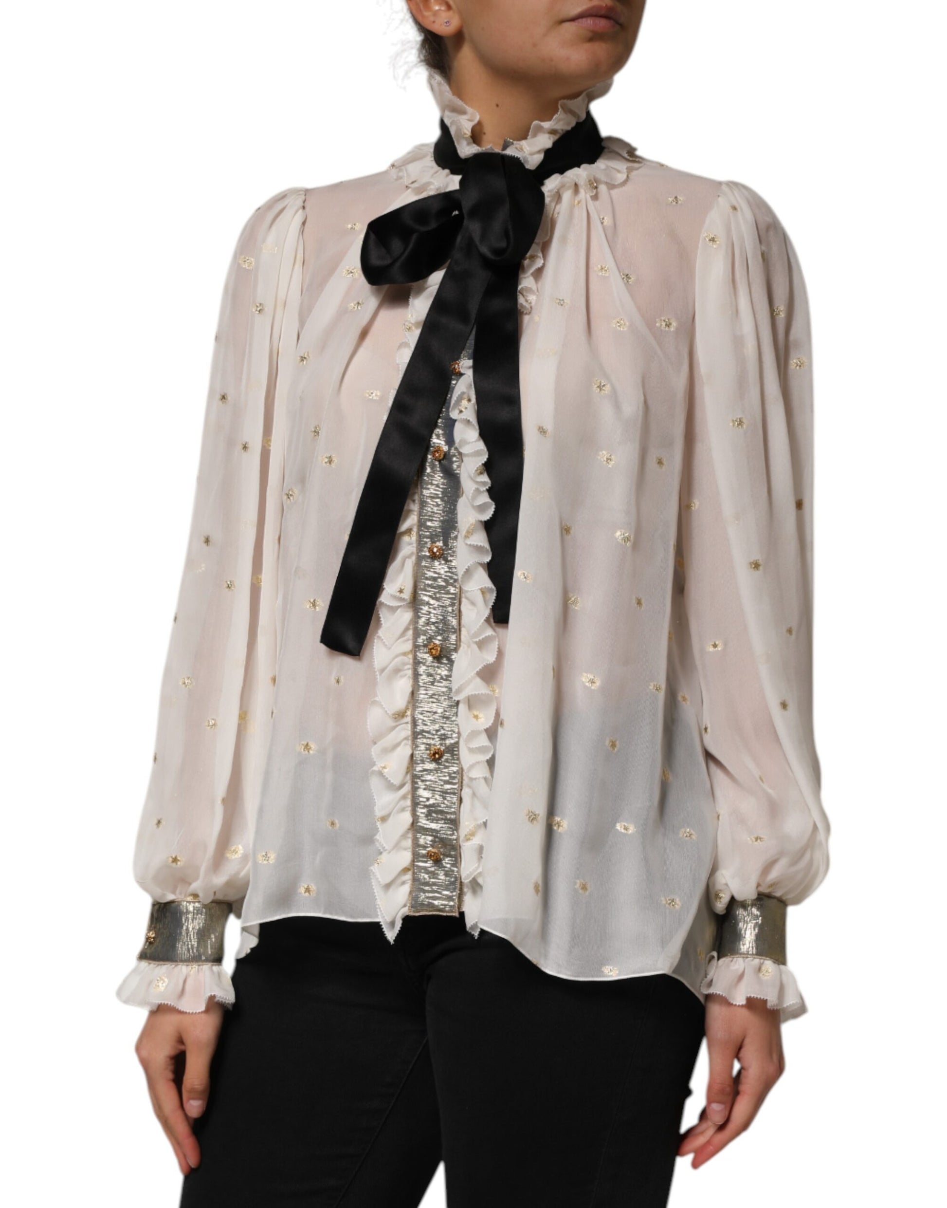 Dolce & Gabbana White Black Silk Long Sleeve Ascot Collar Top