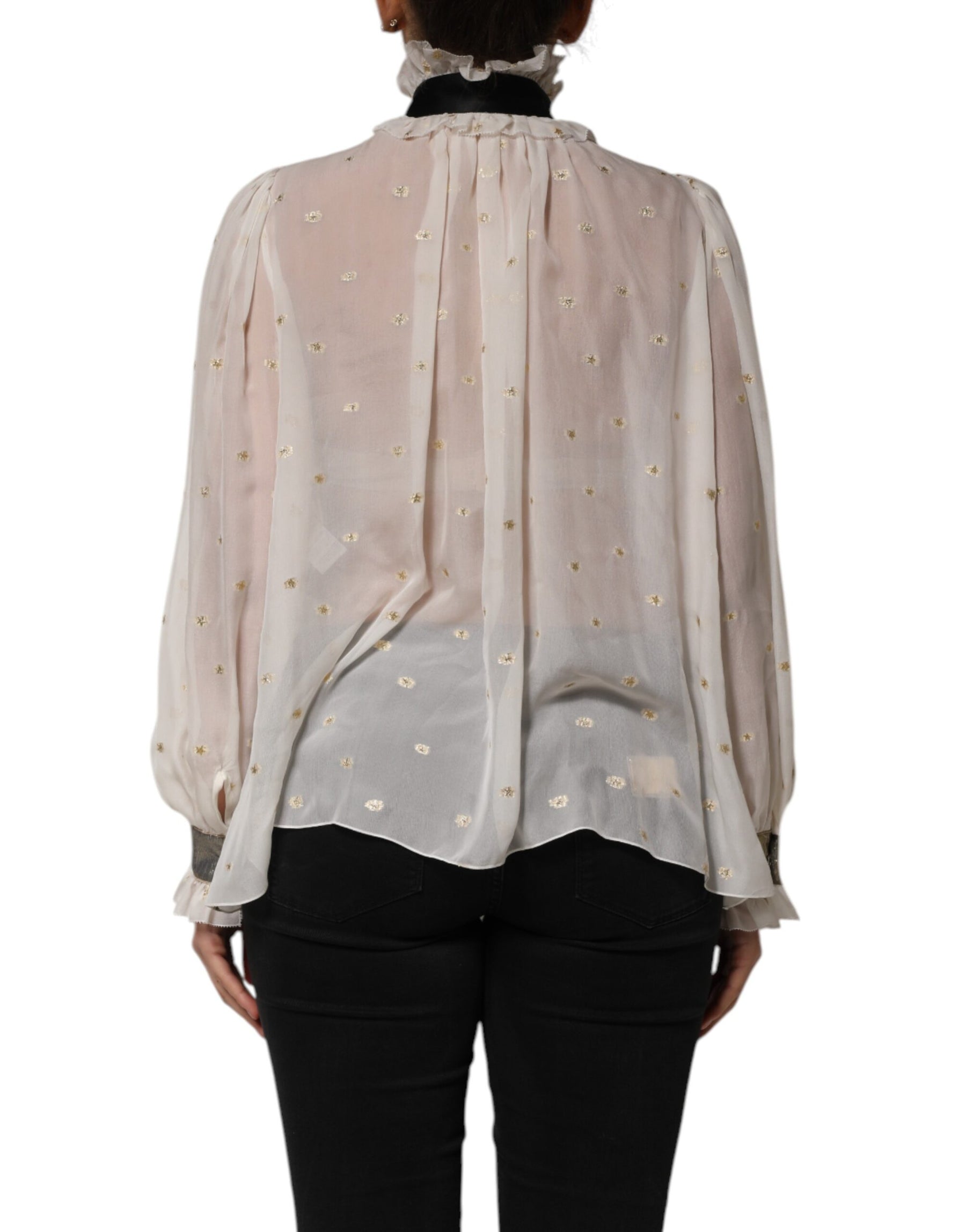 Dolce & Gabbana White Black Silk Long Sleeve Ascot Collar Top | Regal Royce