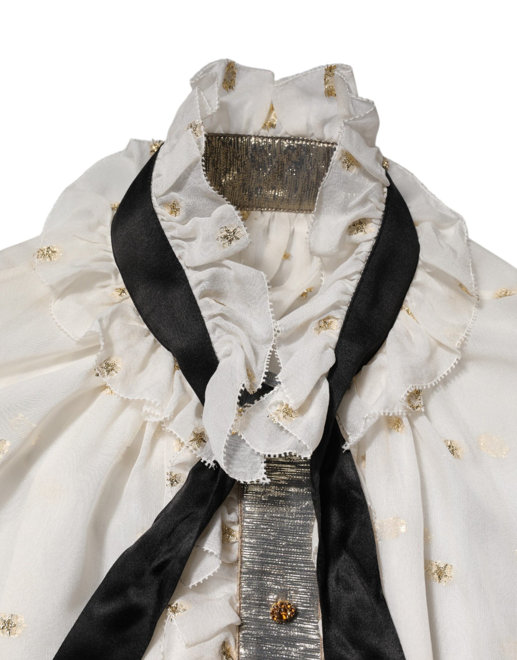 Dolce & Gabbana White Black Silk Long Sleeve Ascot Collar Top | Regal Royce