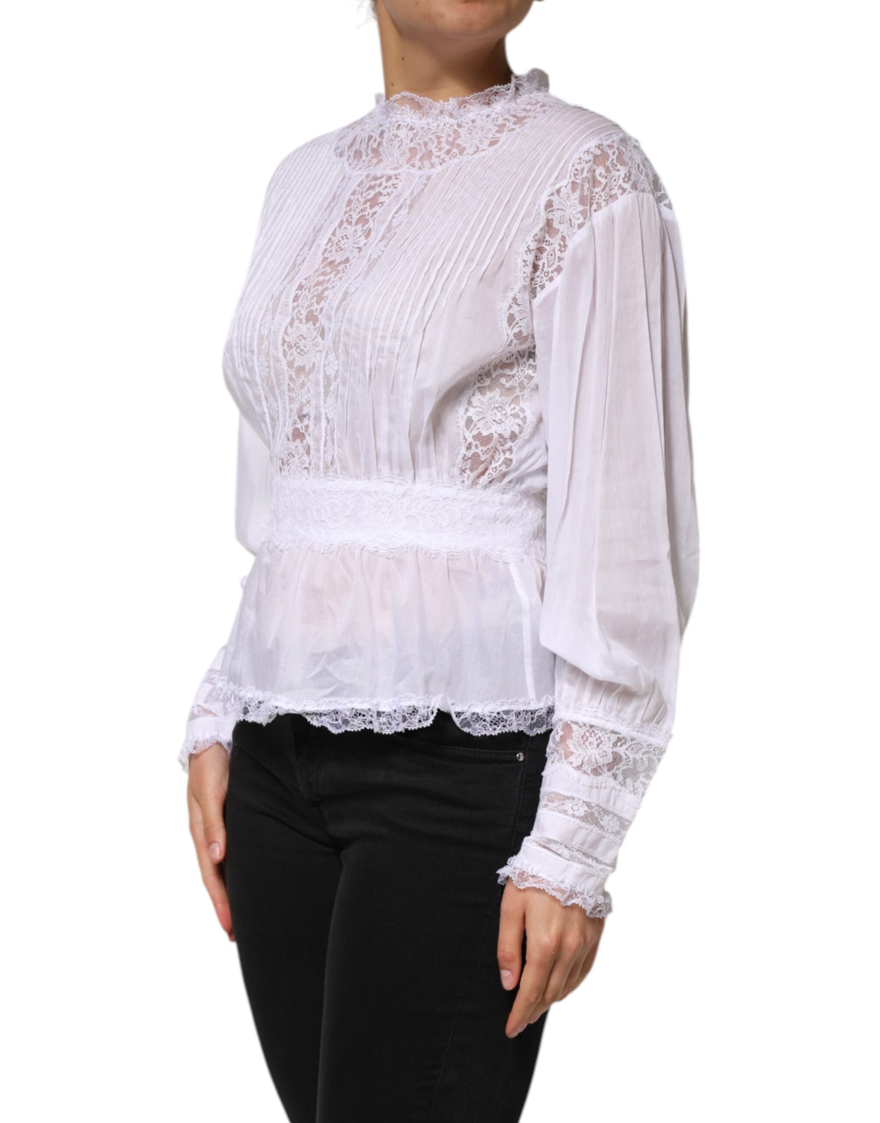 Dolce & Gabbana White Cotton Floral Lace Long Sleeves Top | Regal Royce