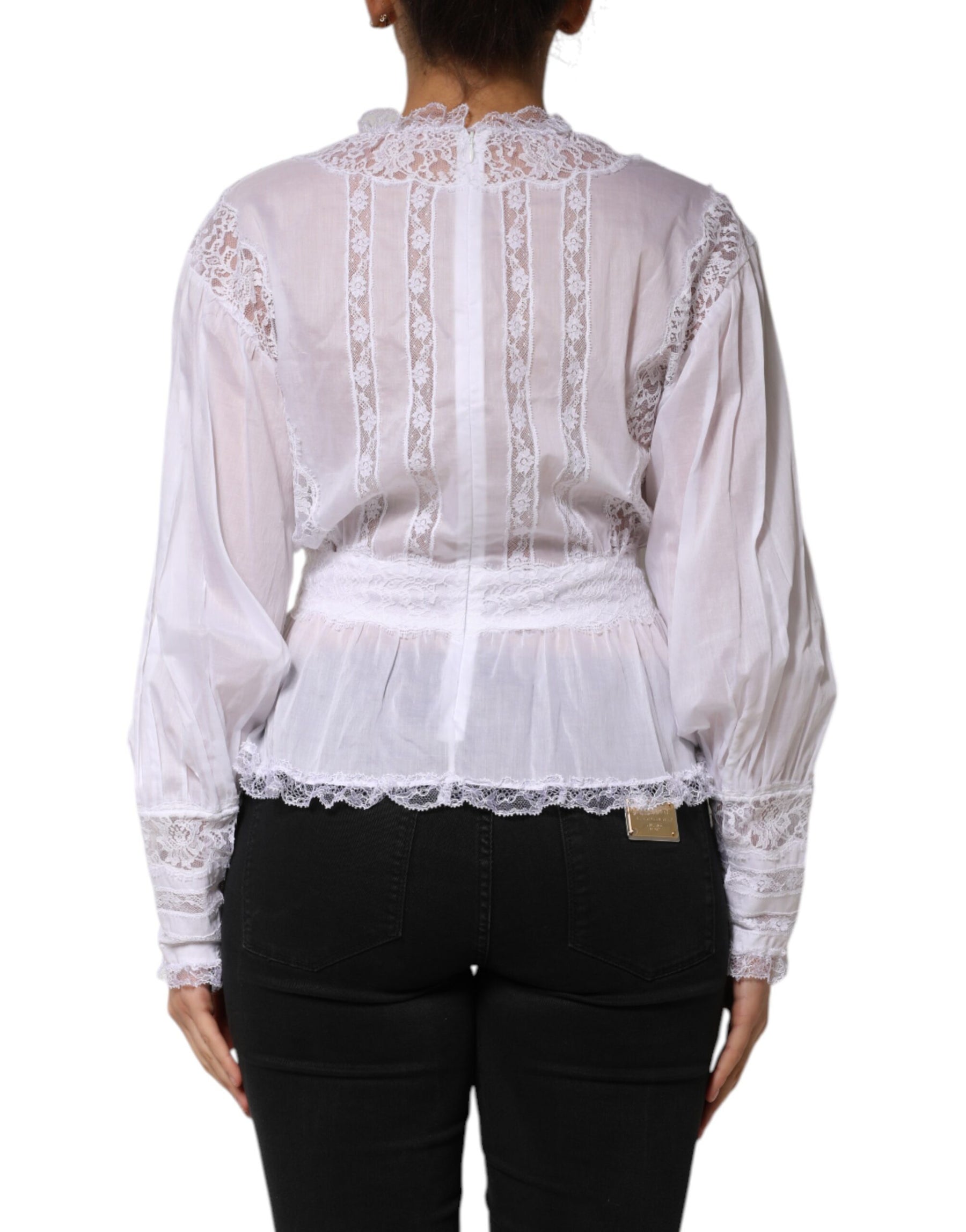 Dolce & Gabbana White Cotton Floral Lace Long Sleeves Top | Regal Royce