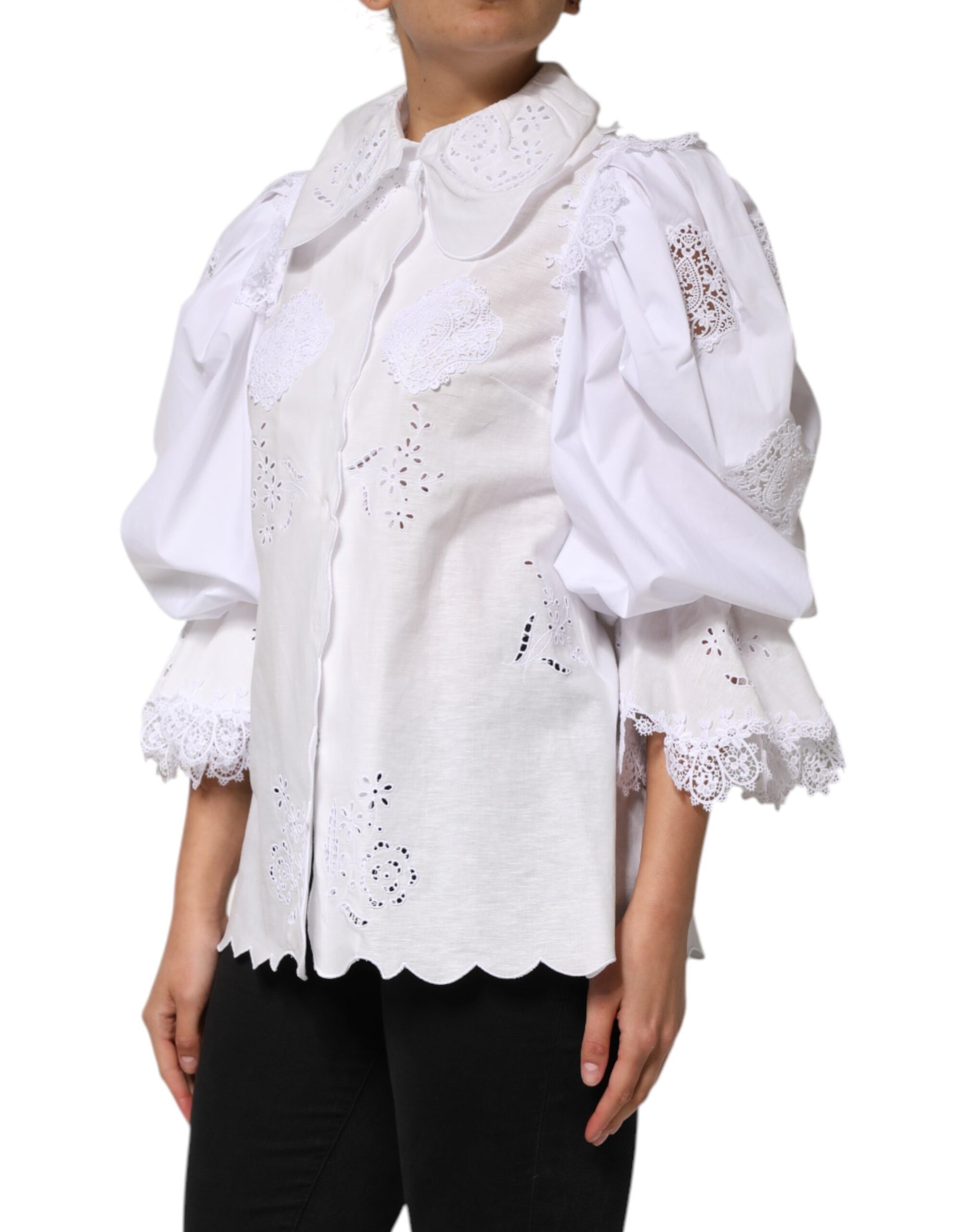 Dolce & Gabbana White Ruffled Lace Embellished Blouse Top