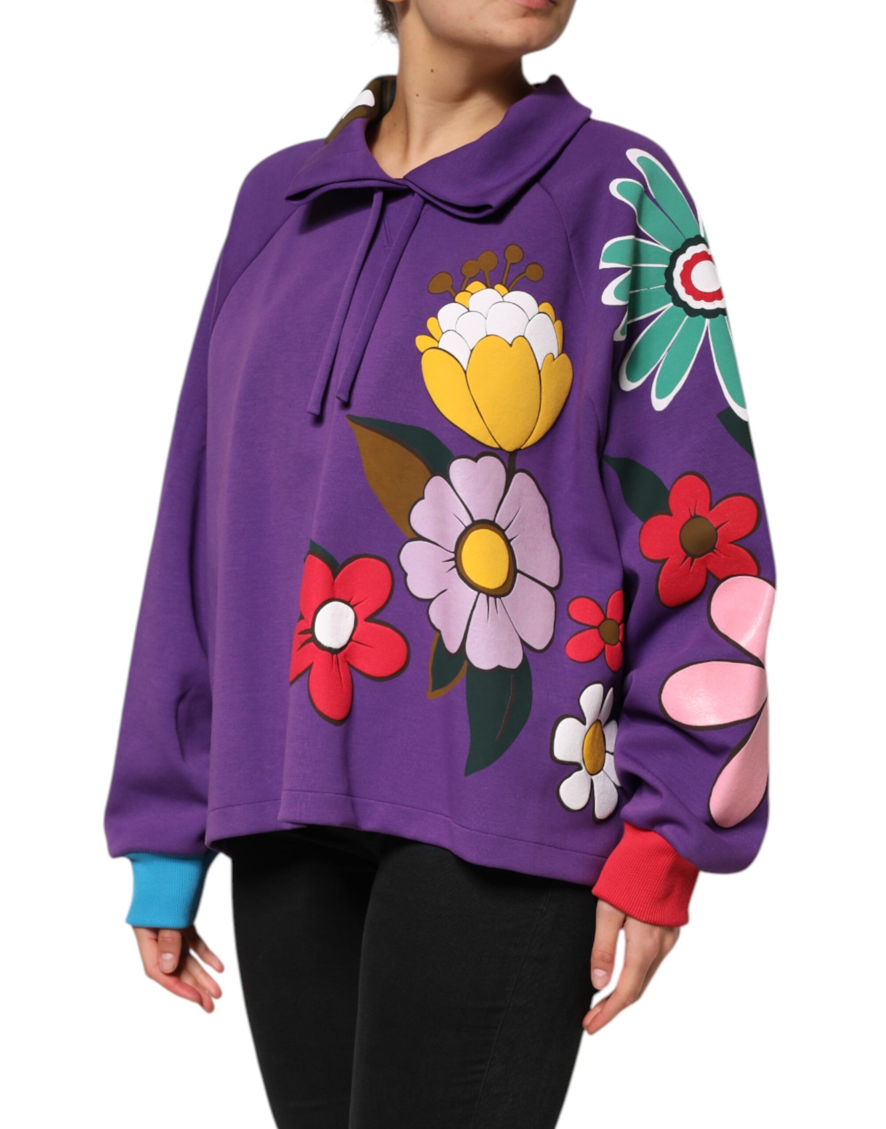 Dolce & Gabbana Purple Floral Print Cotton Long Sleeves Top | Regal Royce