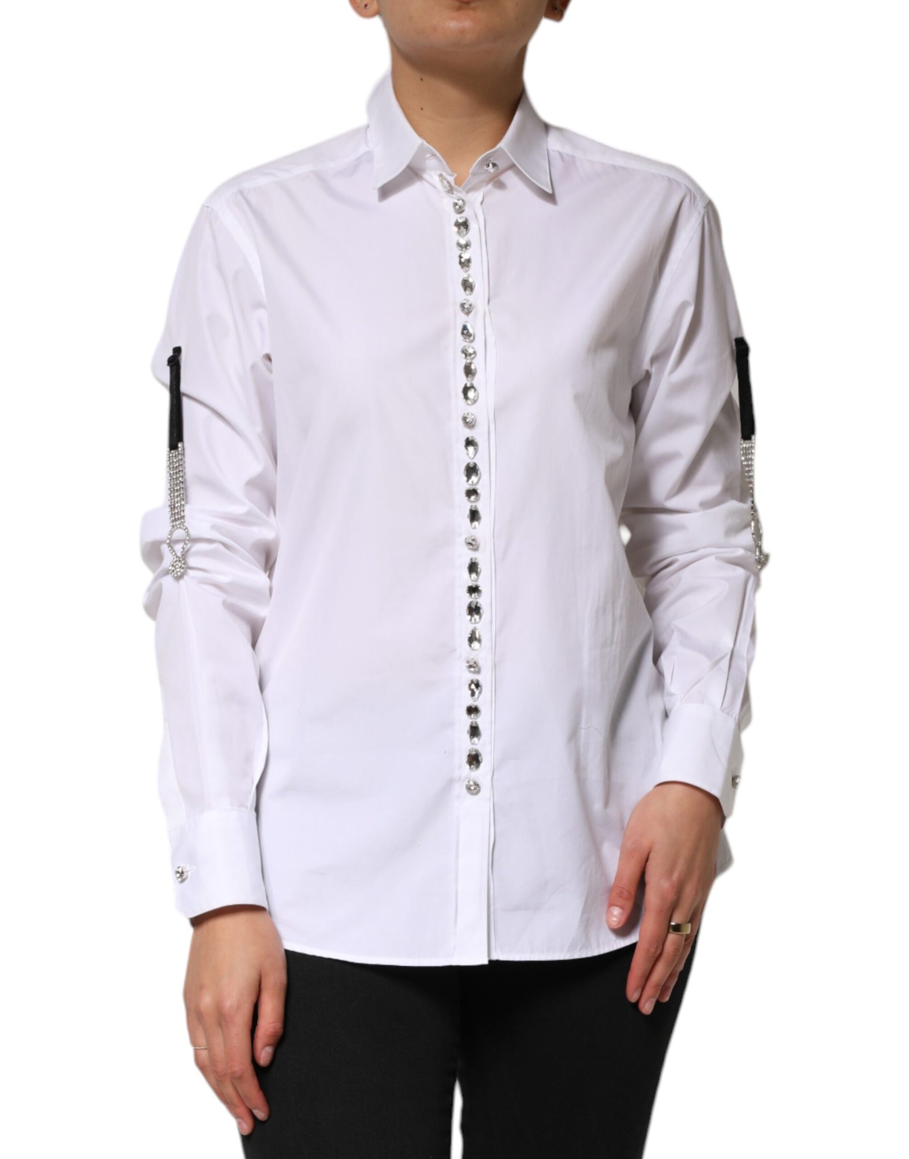 Dolce & Gabbana White Crystal Embellished Collared Shirt Top | Regal Royce