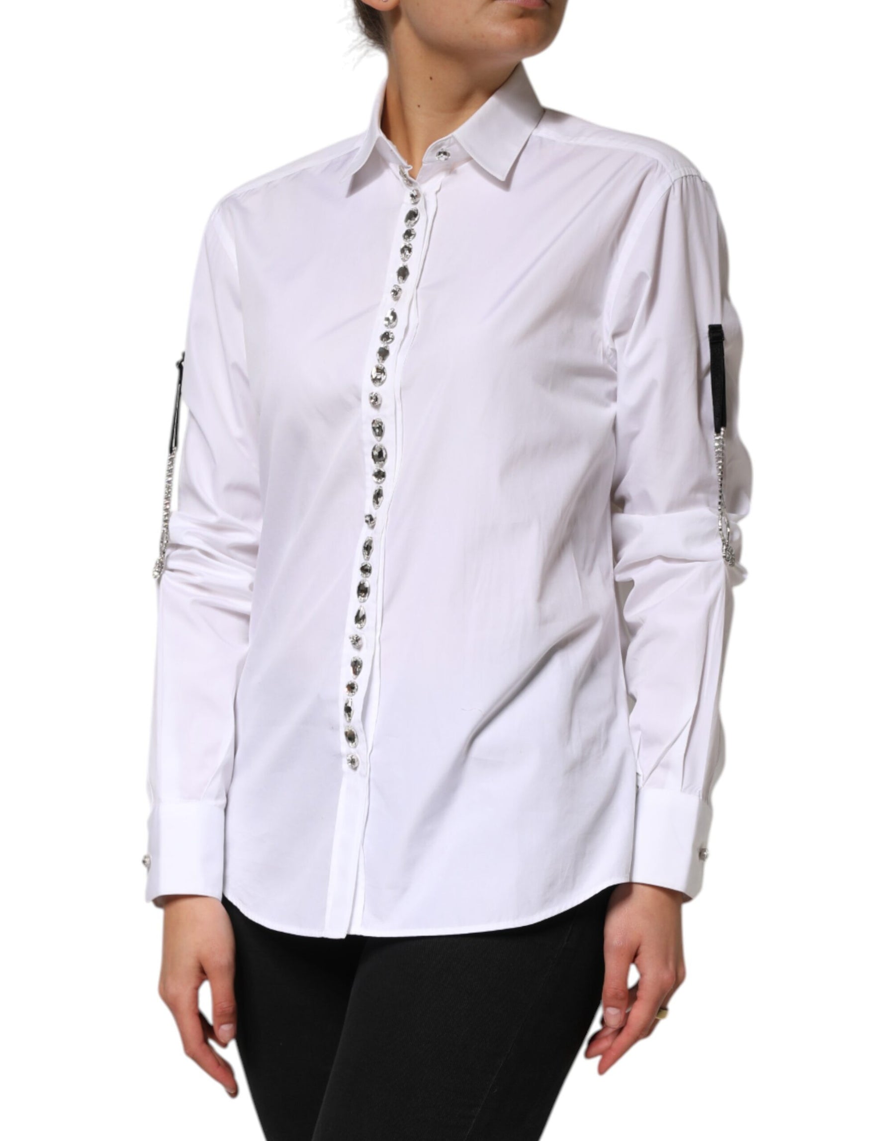 Dolce & Gabbana White Crystal Embellished Collared Shirt Top | Regal Royce