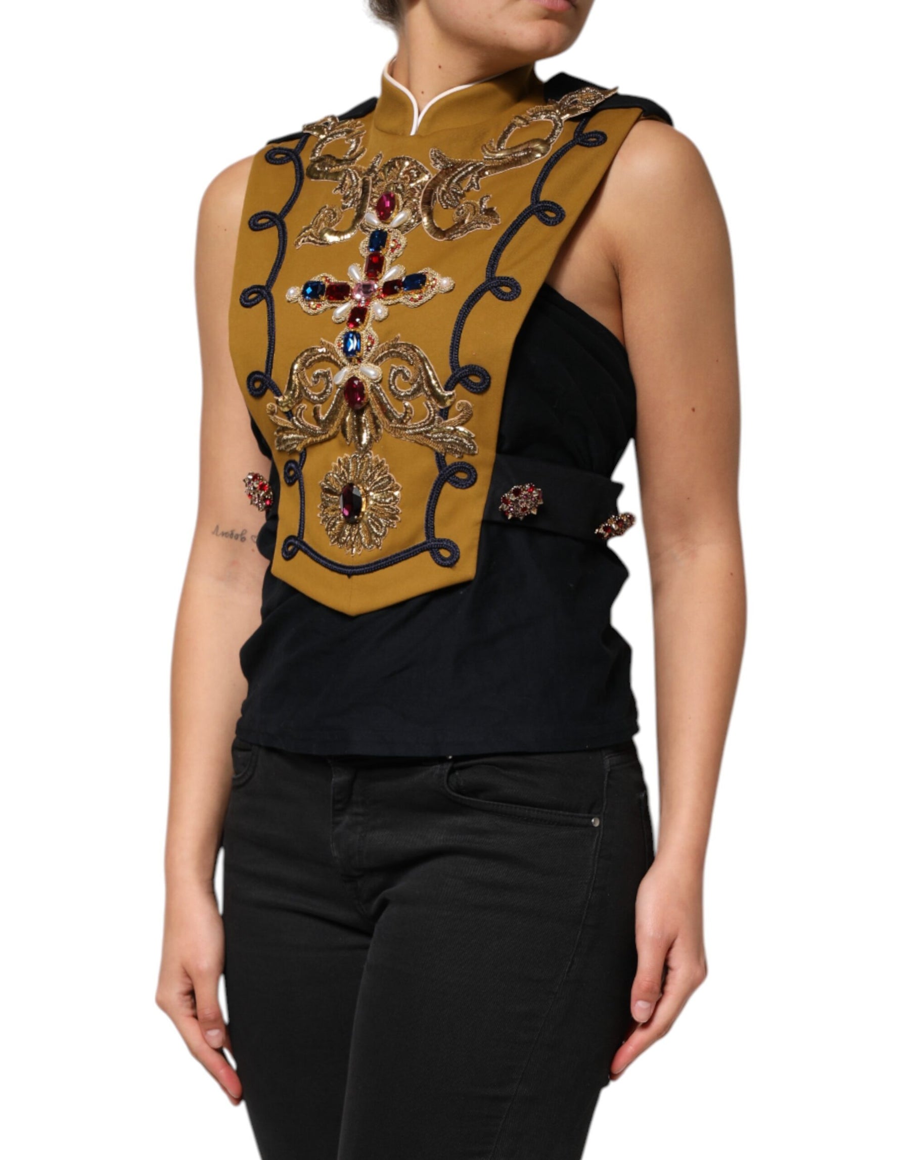Dolce & Gabbana Yellow Crystal Cross Runway Vest Jacket Top | Regal Royce