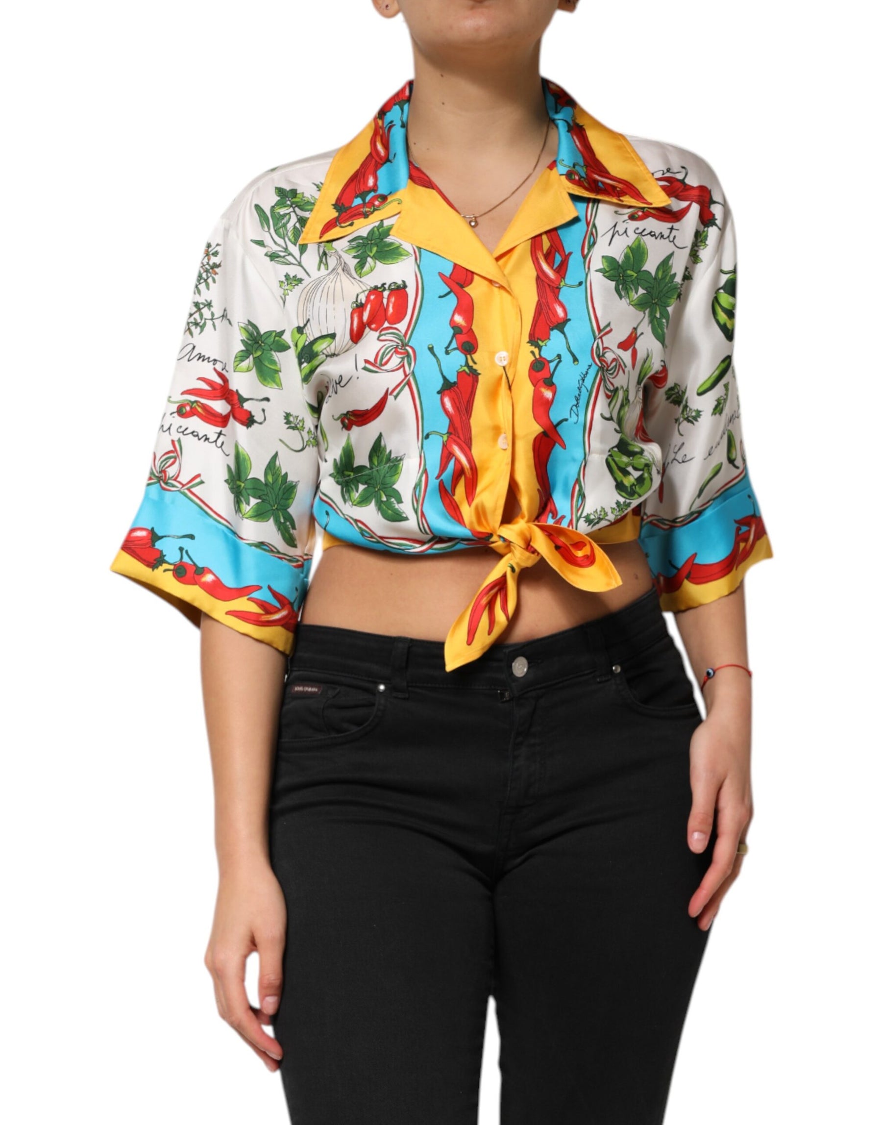 Dolce & Gabbana Multicolor Chili Silk Cropped Blouse Top | Regal Royce