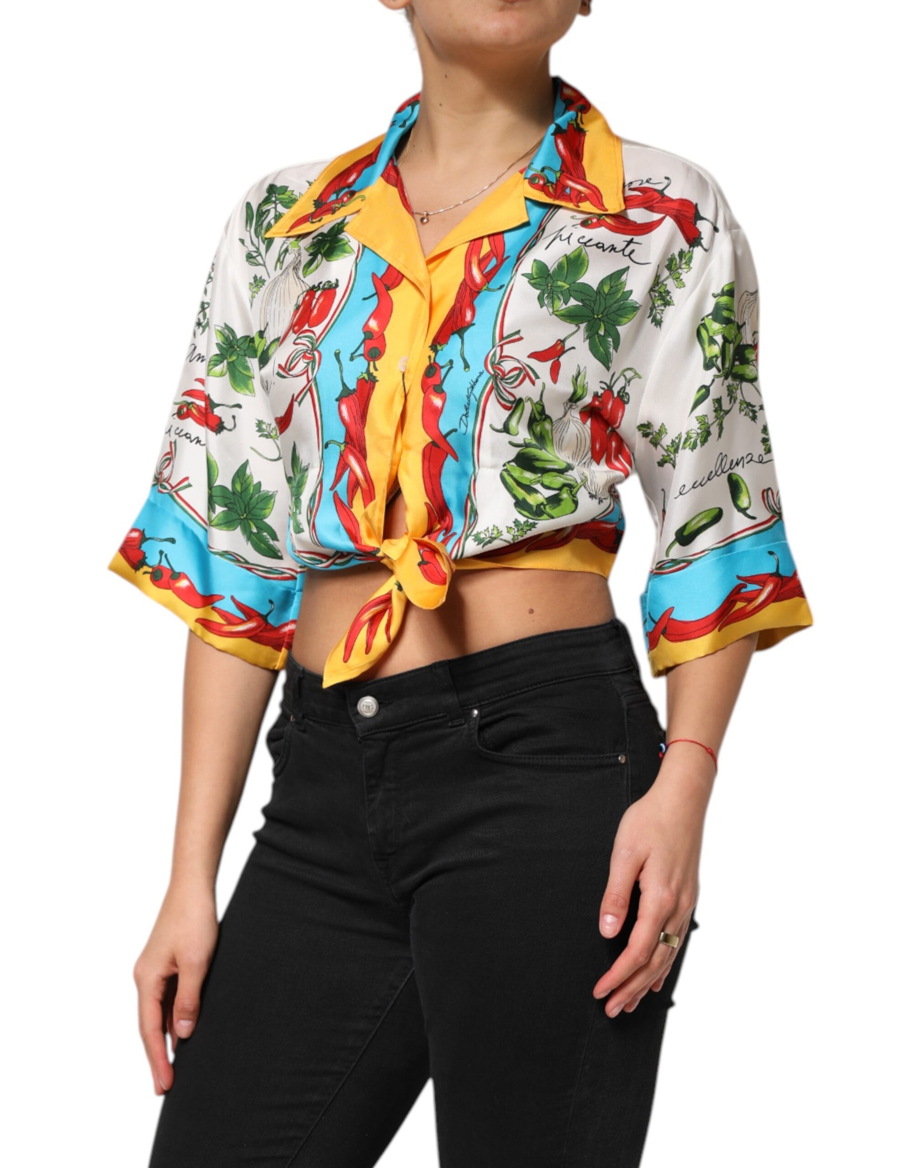 Dolce & Gabbana Multicolor Chili Silk Cropped Blouse Top | Regal Royce