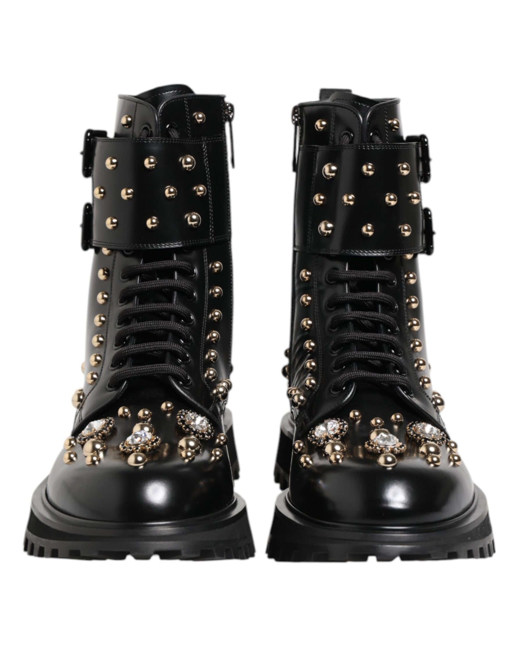 Dolce & Gabbana Black Studded Lace Up Mid Calf Boots Shoes | Regal Royce