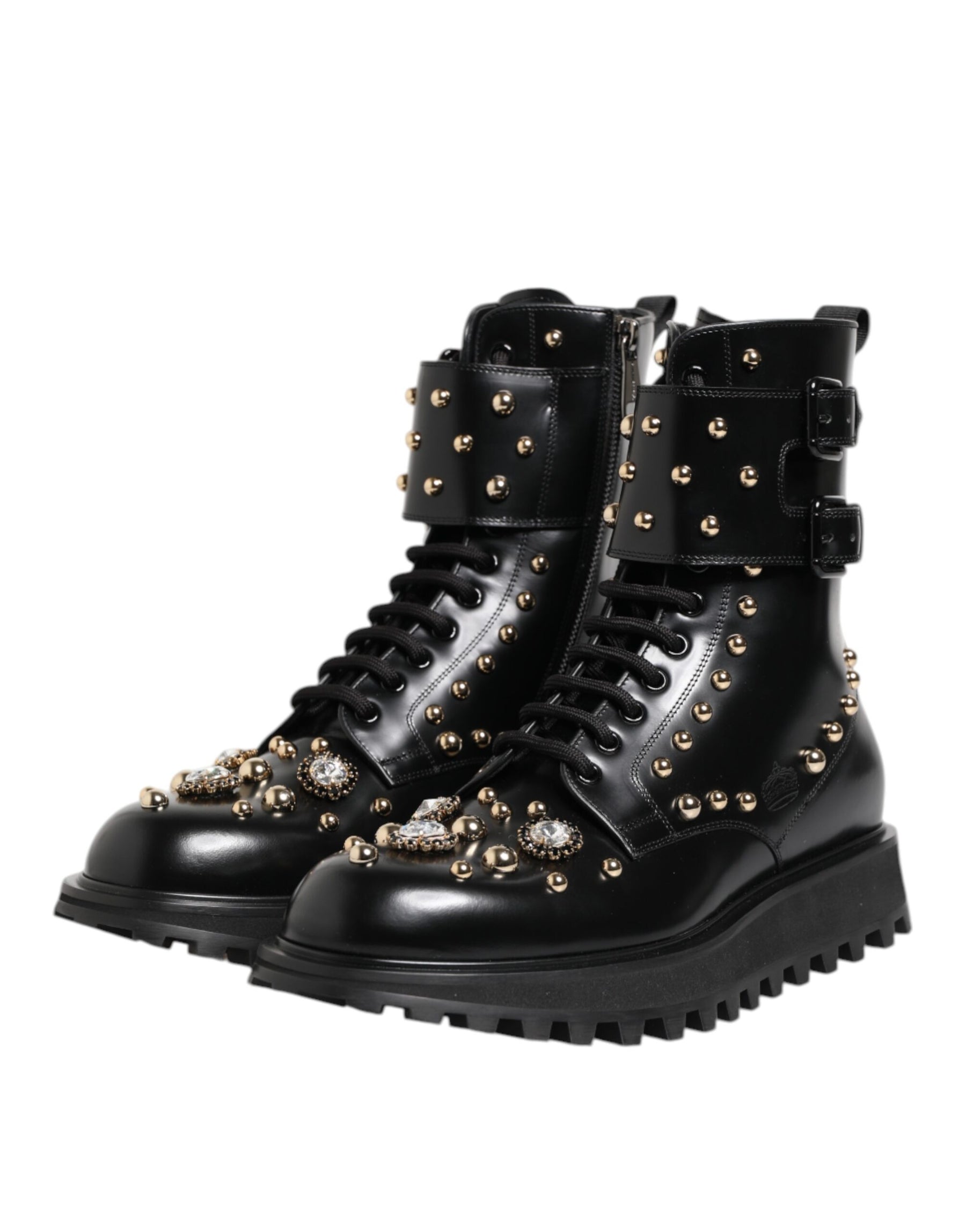 Dolce & Gabbana Black Studded Lace Up Mid Calf Boots Shoes | Regal Royce