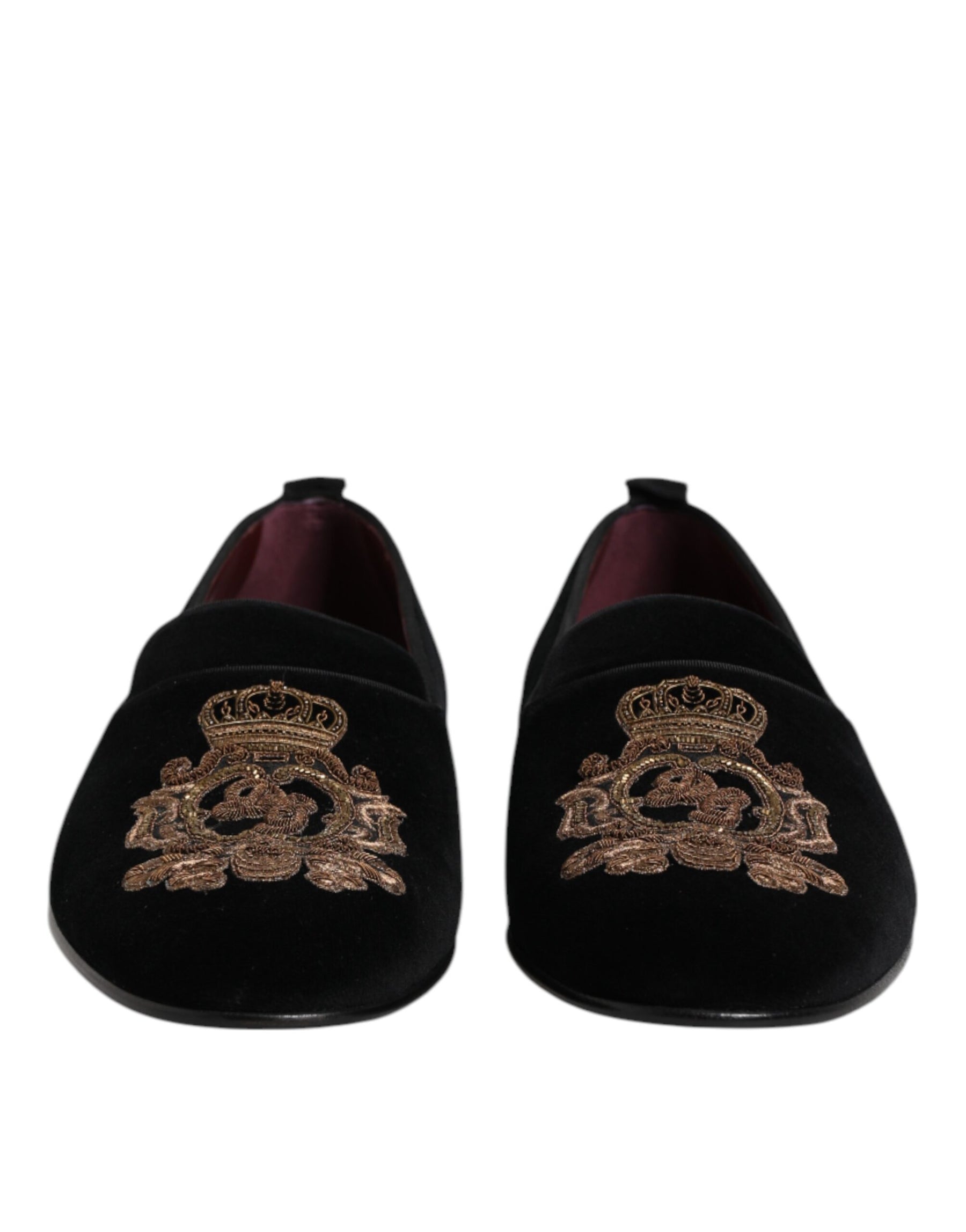 Dolce & Gabbana Black Velvet Gold Crown Mens Loafers Shoes | Regal Royce