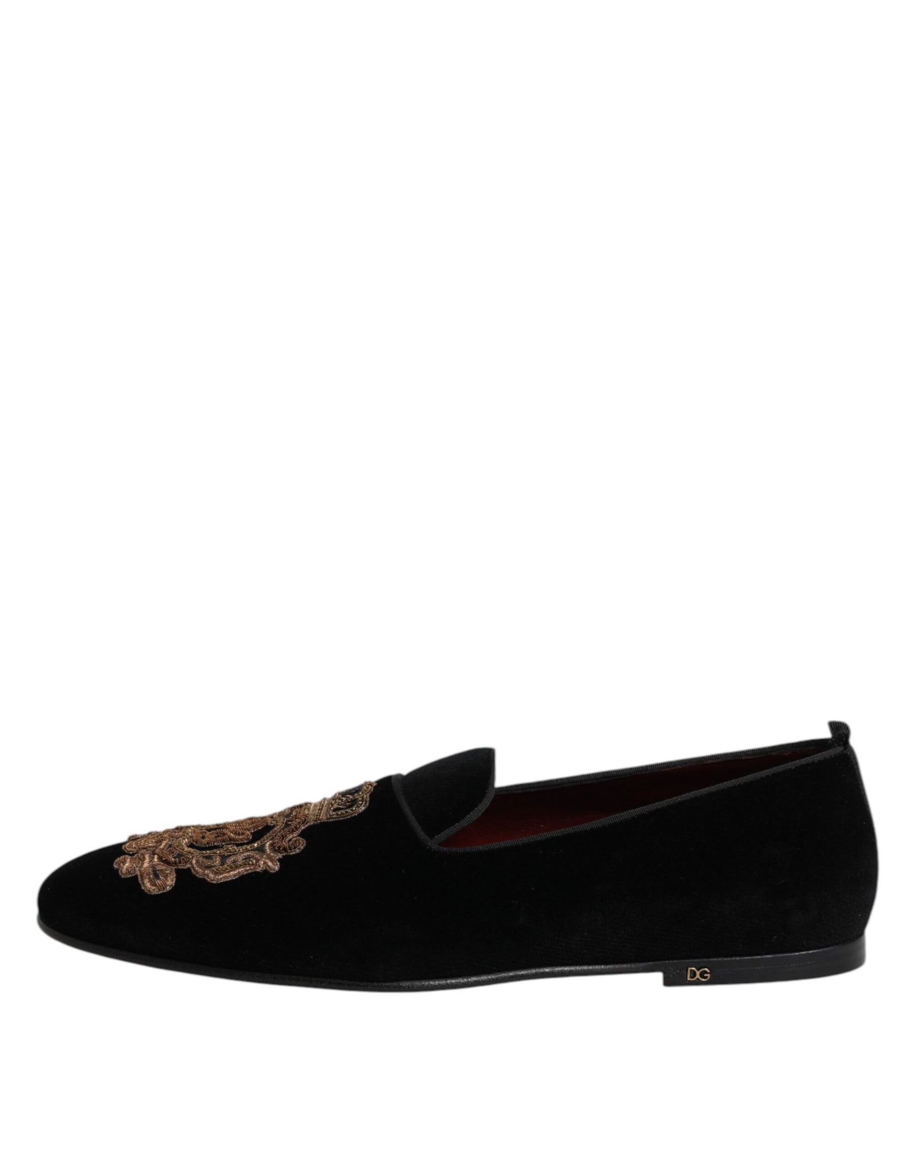 Dolce & Gabbana Black Velvet Gold Crown Mens Loafers Shoes | Regal Royce