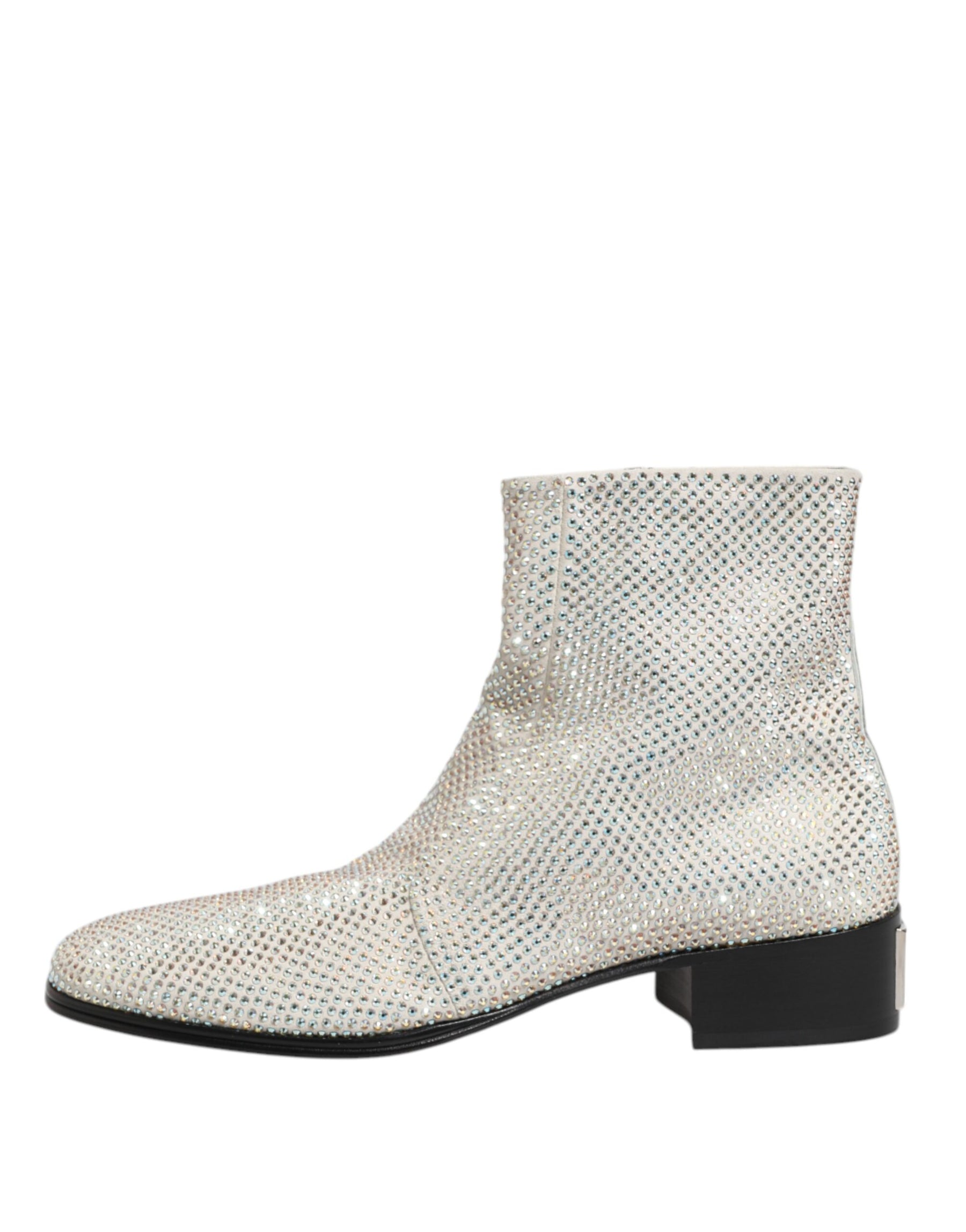 Dolce & Gabbana White Strass DG Logo Heels Ankle Boots Shoes | Regal Royce