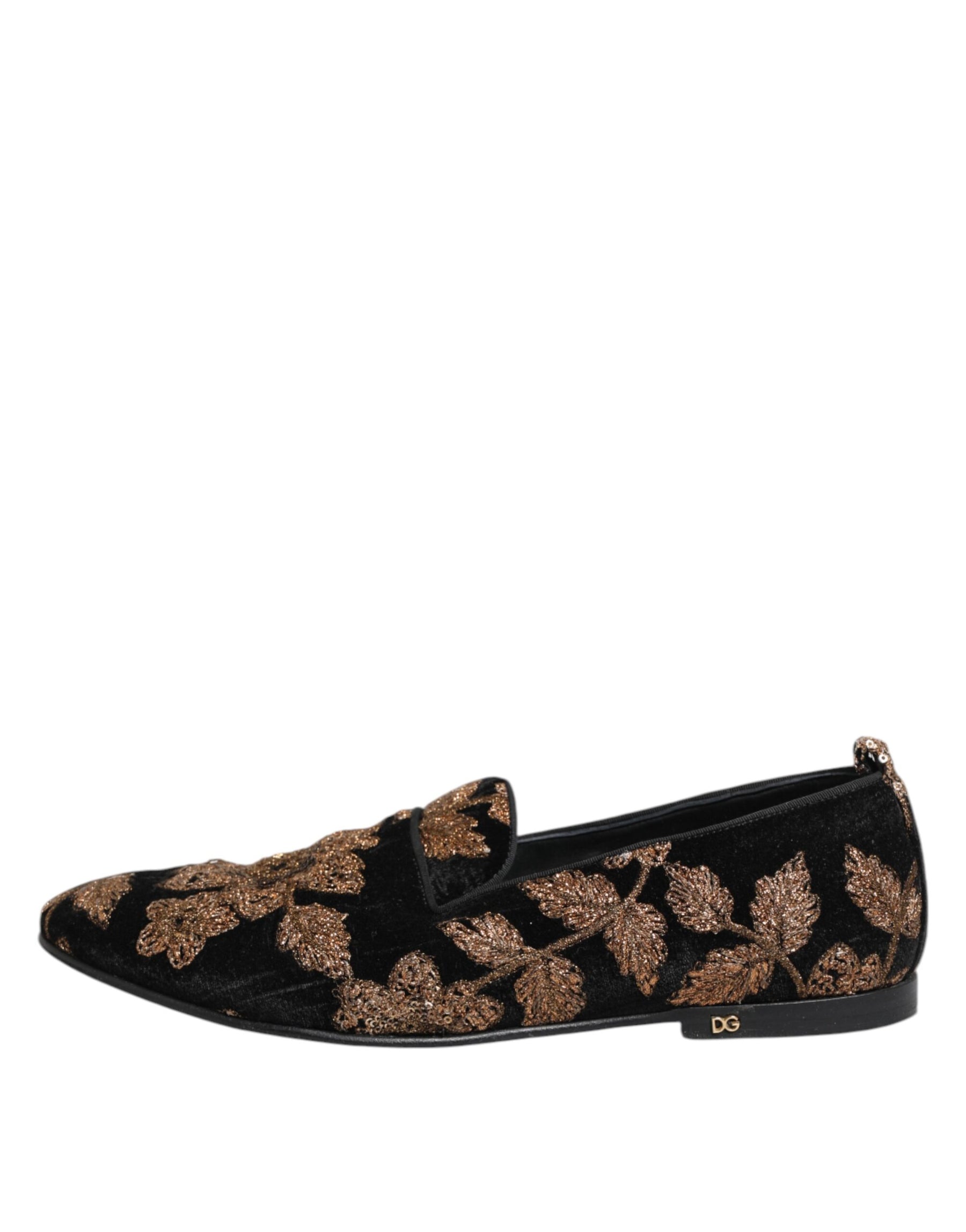 Dolce & Gabbana Black Floral Embroidery Men Loafers Shoes | Regal Royce