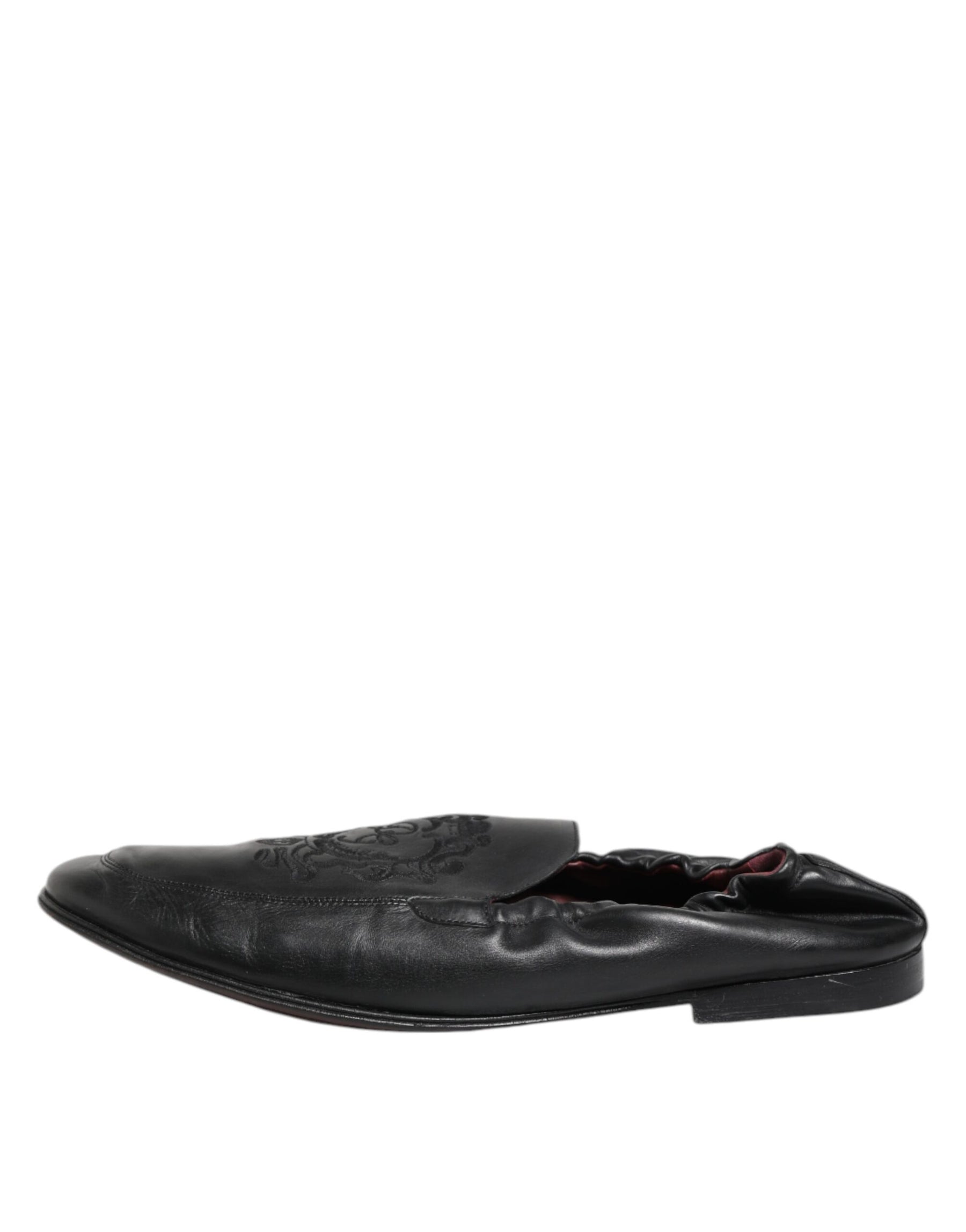 Dolce & Gabbana Black Leather Slip On Men Flat Loafers Shoes | Regal Royce