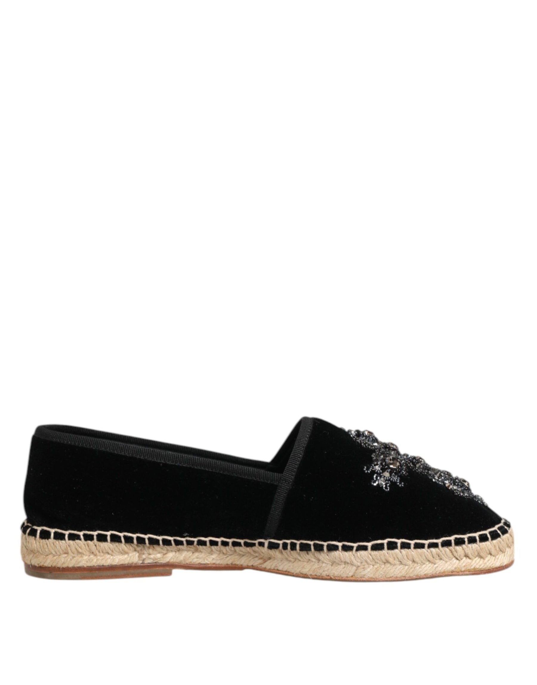 Dolce & Gabbana Black Cross Crystal Slip On Espadrille Shoes | Regal Royce