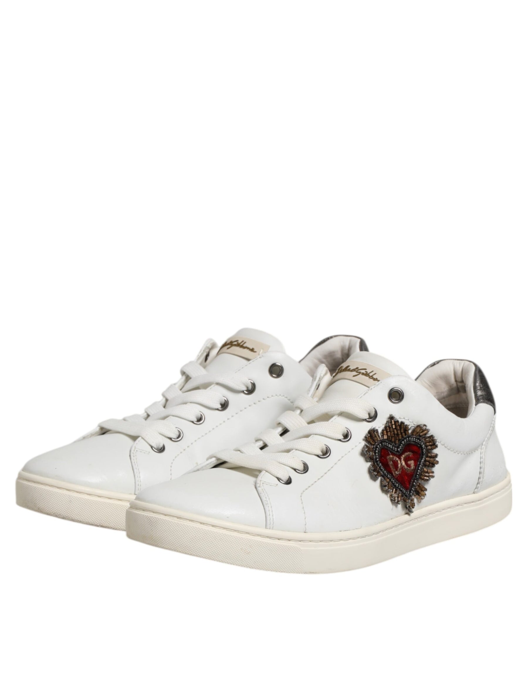 Dolce & Gabbana White Silver Sacred Heart Men Sneakers Shoes | Regal Royce