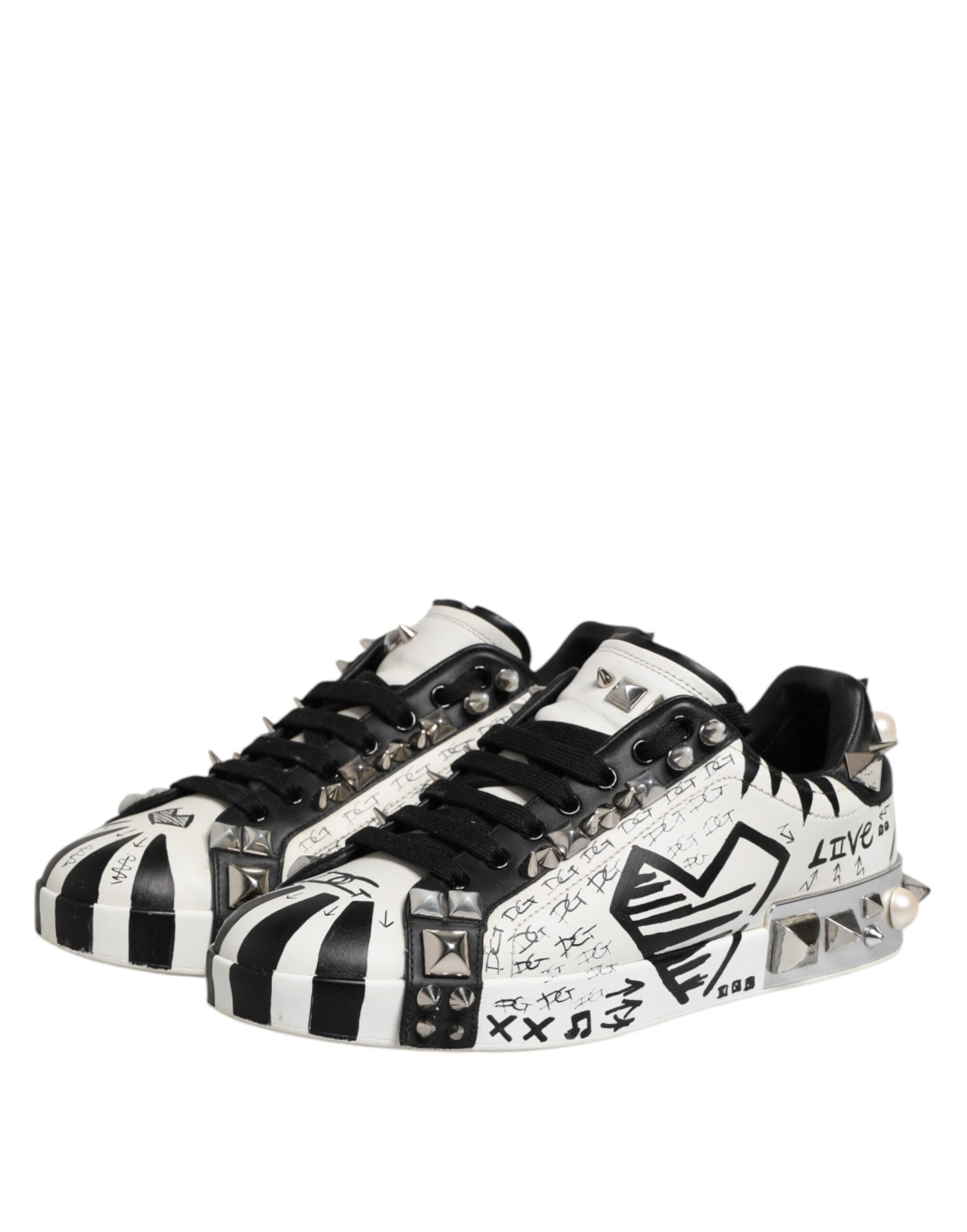 Dolce & Gabbana Black White Studded Low Top Sneakers Shoes | Regal Royce
