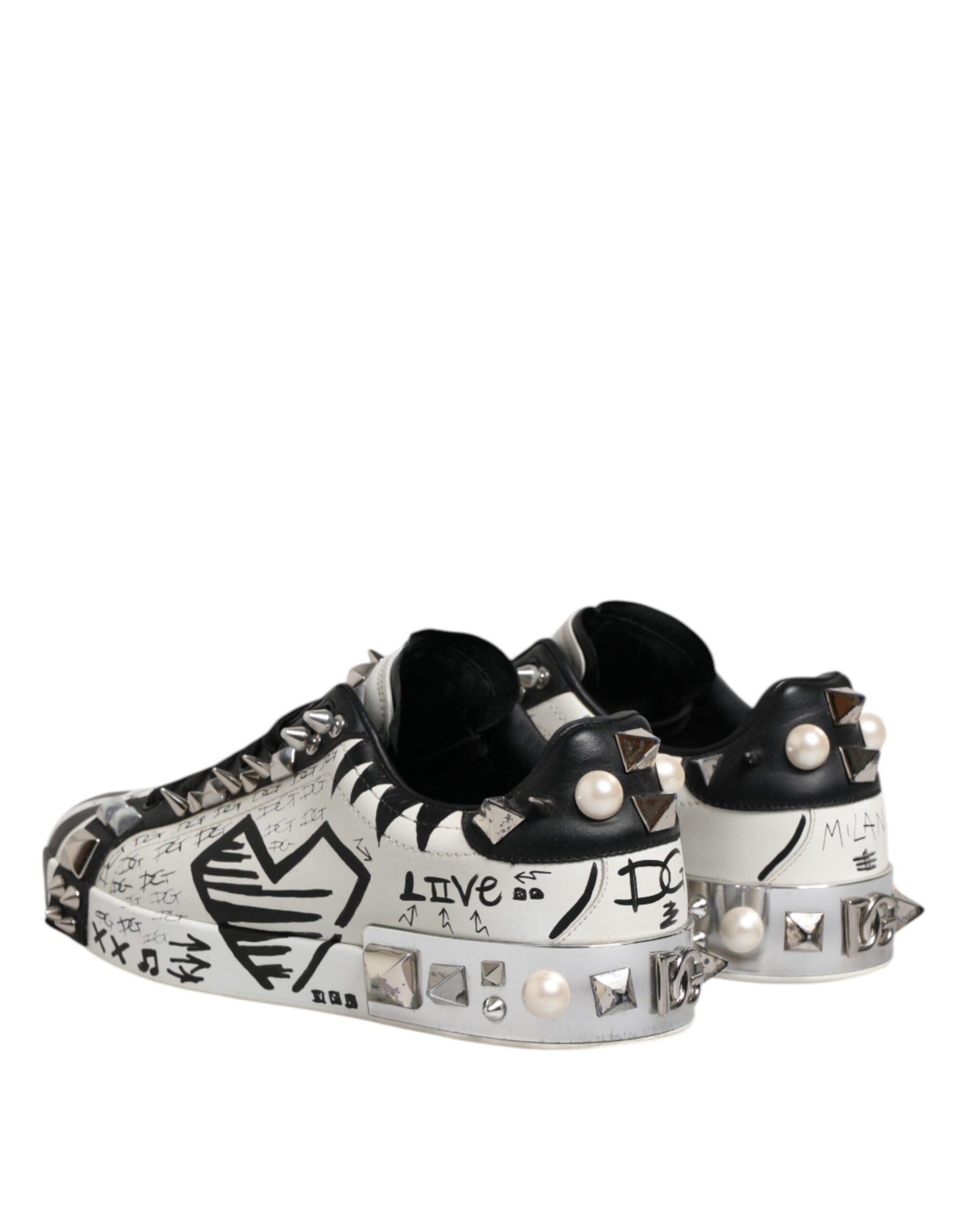 Dolce & Gabbana Black White Studded Low Top Sneakers Shoes