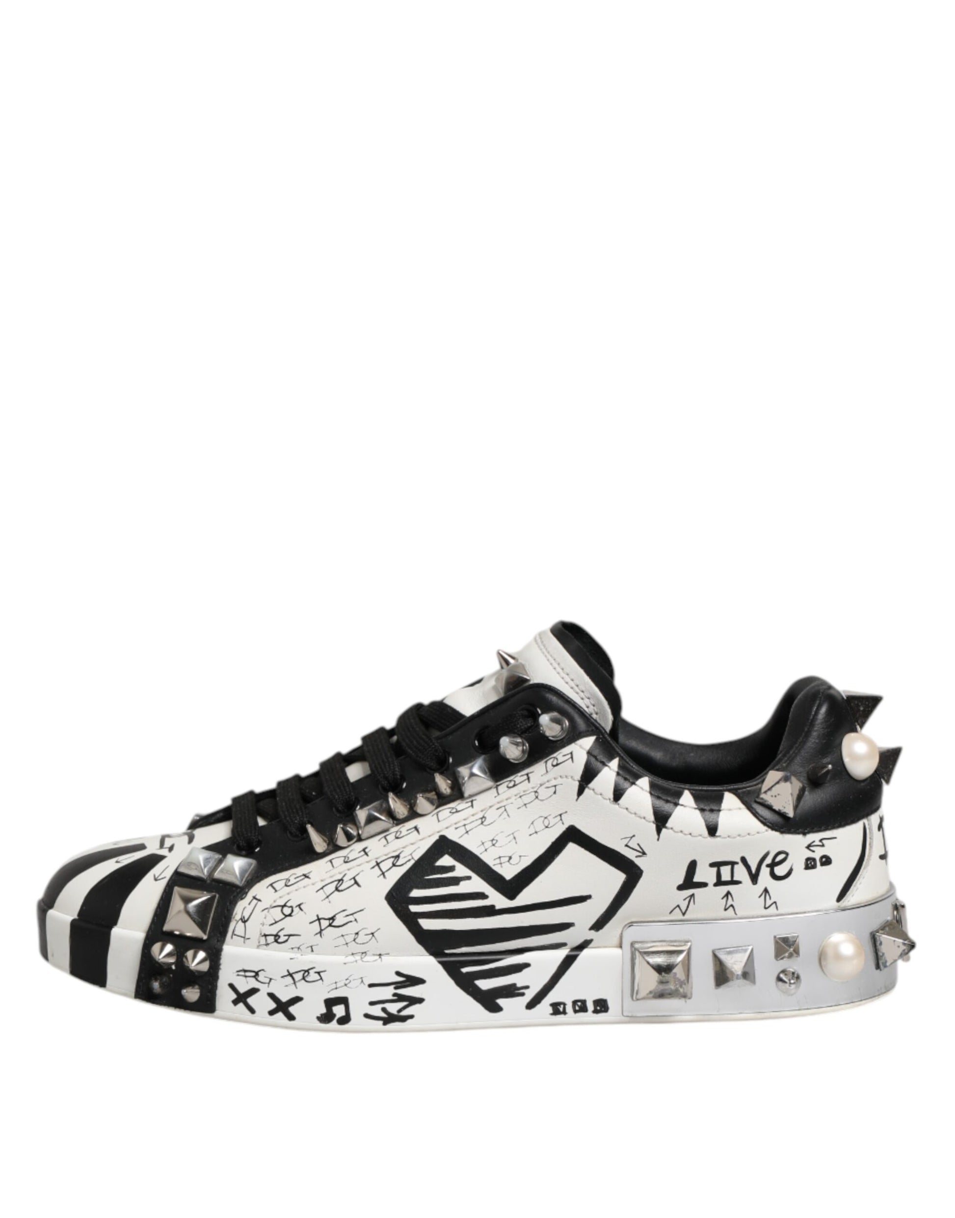 Dolce & Gabbana Black White Studded Low Top Sneakers Shoes