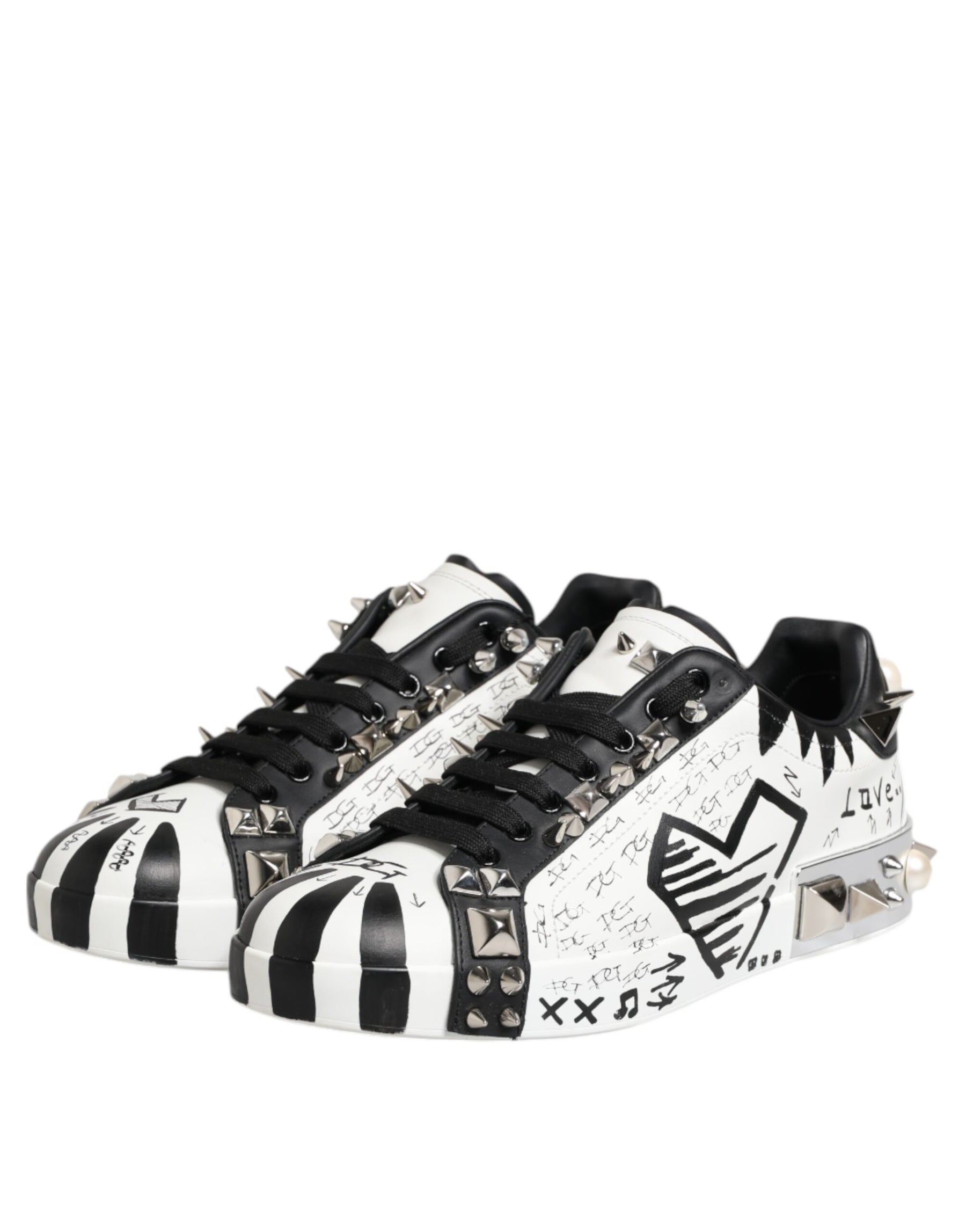 Dolce & Gabbana Black White Studded Low Top Sneakers Shoes | Regal Royce