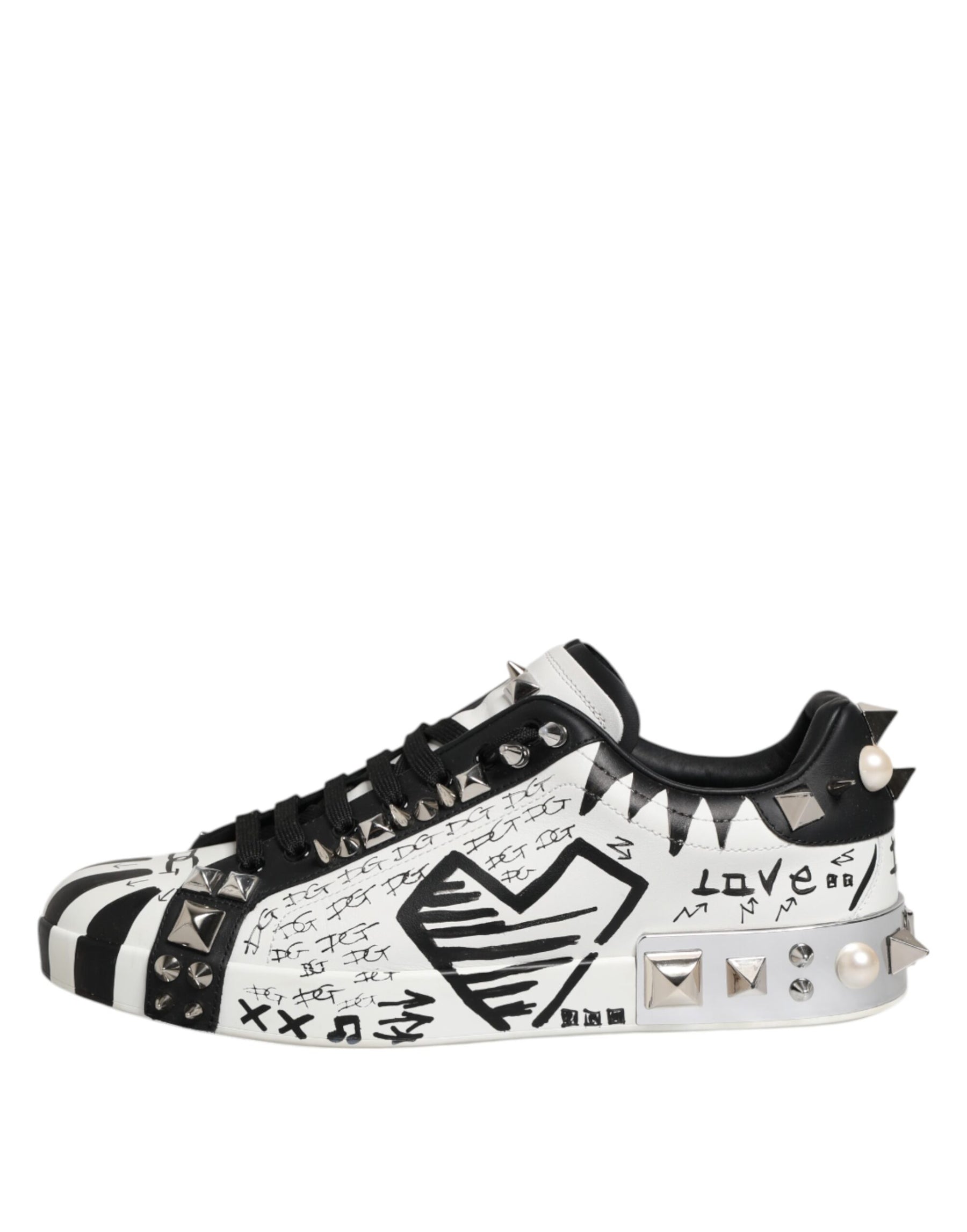 Dolce & Gabbana Black White Studded Low Top Sneakers Shoes | Regal Royce