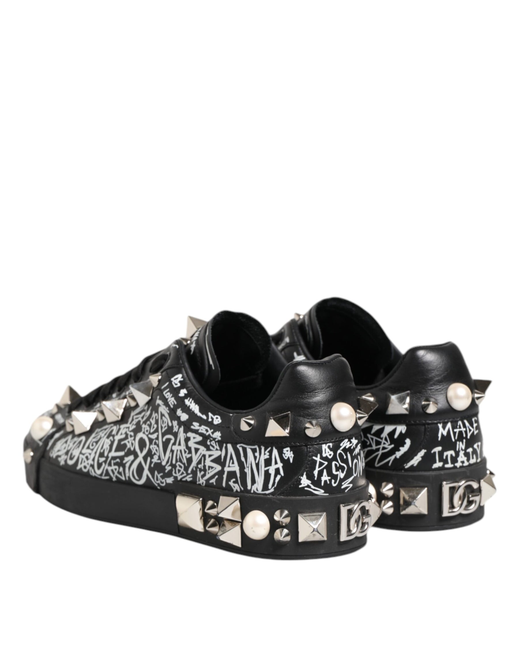 Dolce & Gabbana Black Portofino Stud Embellished Sneakers Shoes | Regal Royce