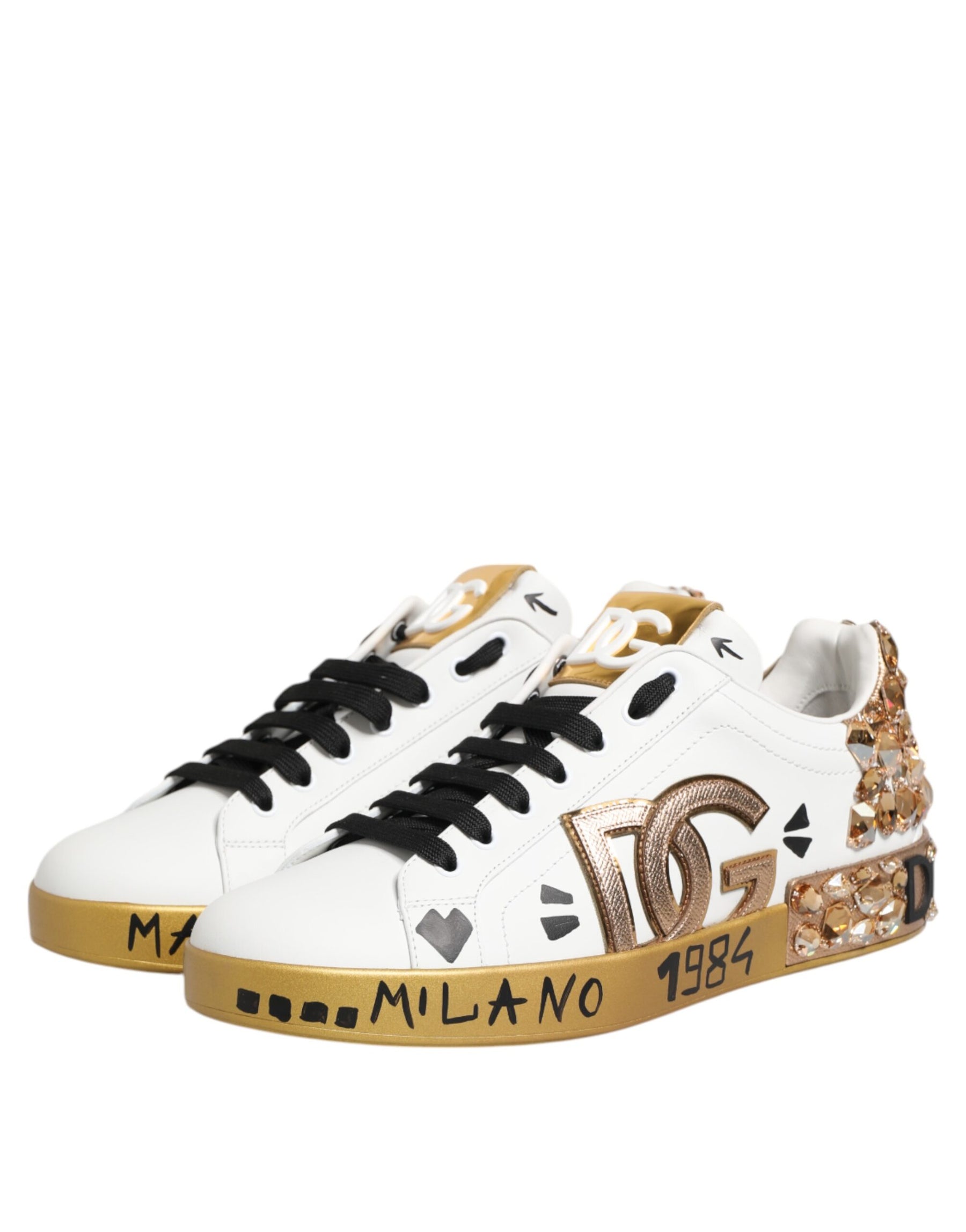 Dolce & Gabbana White Gold Crystal Portofino Sneakers Shoes | Regal Royce