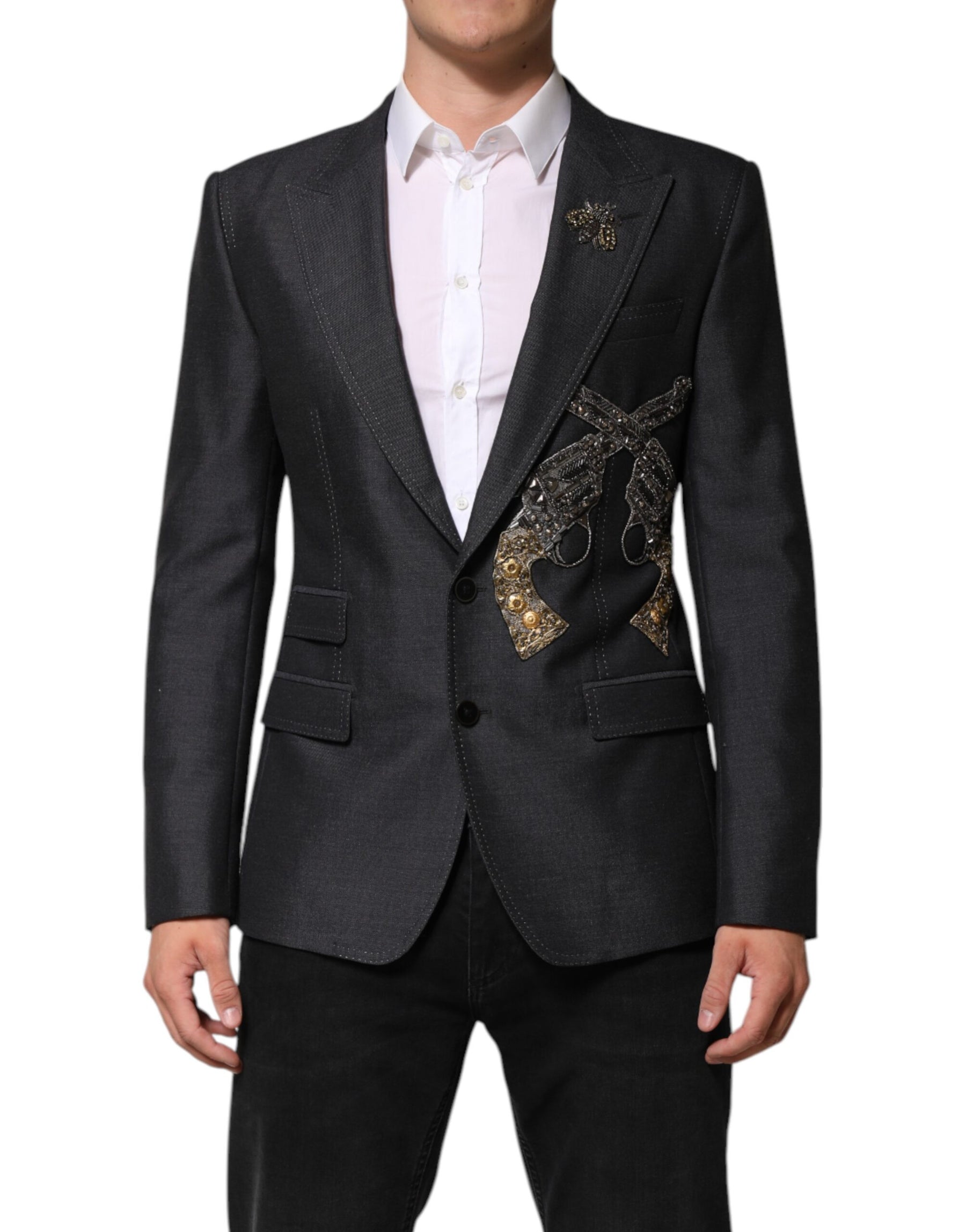 Dolce & Gabbana Dark Gray Bee Embroidery Wool Coat Blazer | Regal Royce