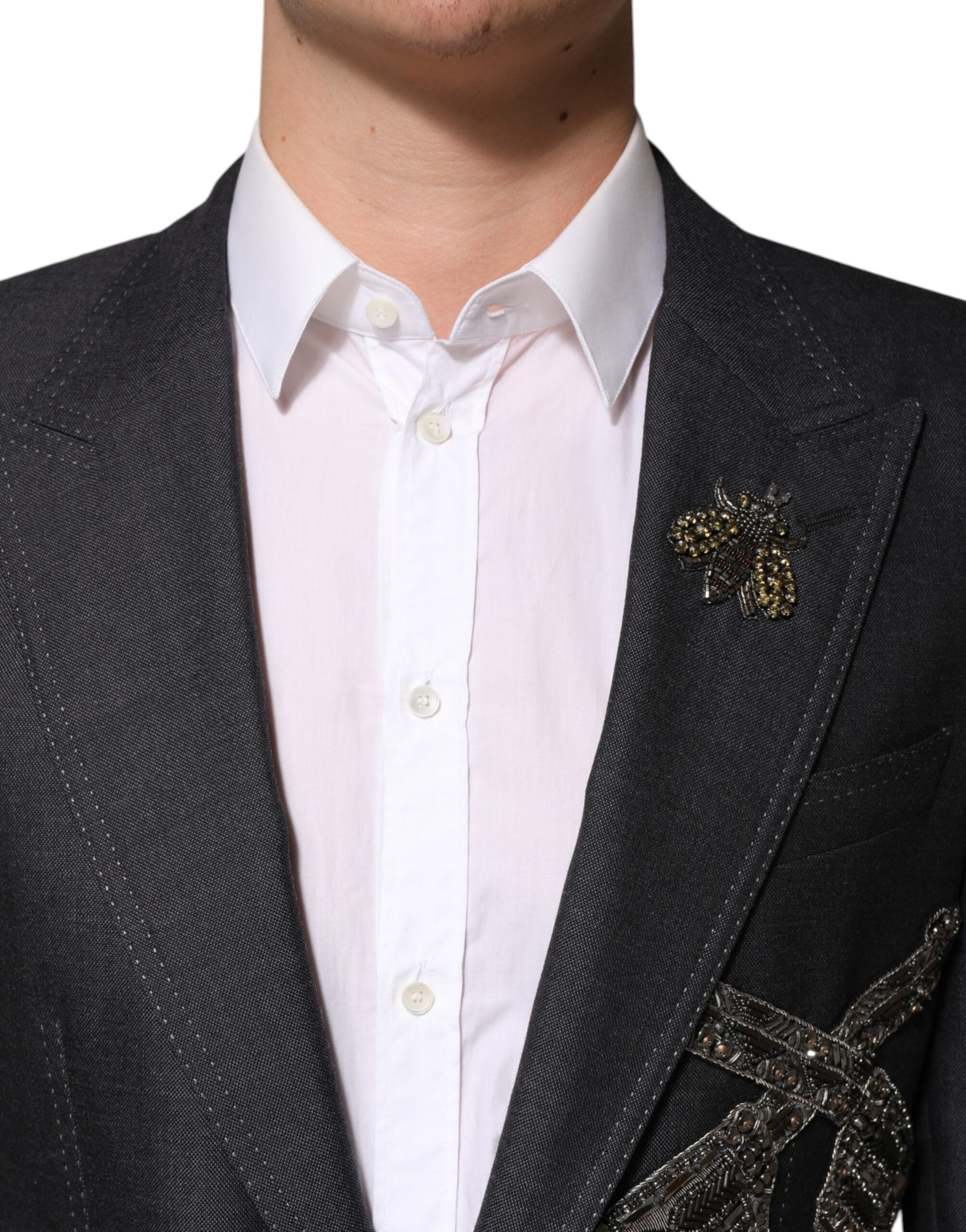 Dolce & Gabbana Dark Gray Bee Embroidery Wool Coat Blazer | Regal Royce