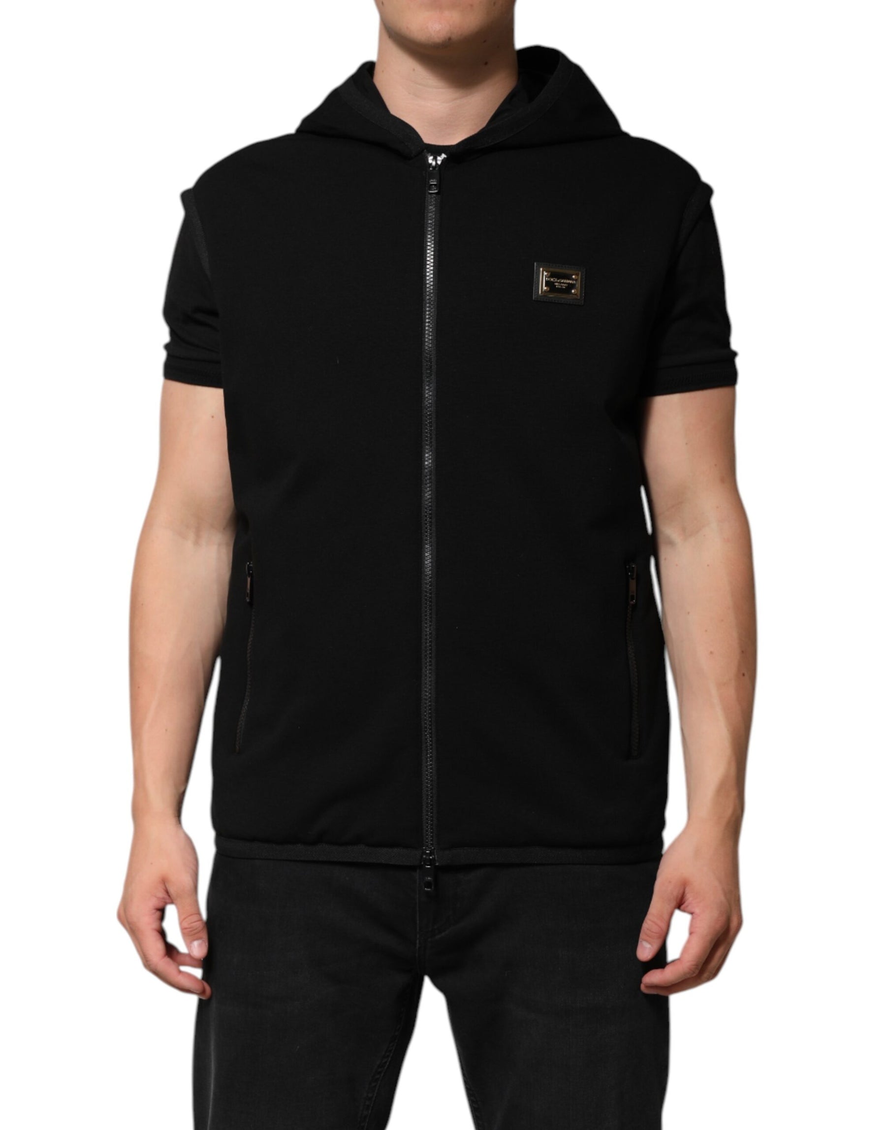 Dolce & Gabbana Black Sleeveless Hooded Logo Plaque Jacket | Regal Royce