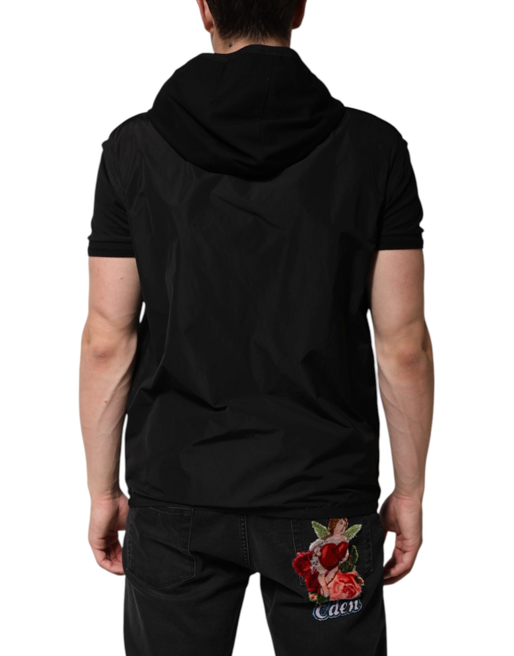 Dolce & Gabbana Black Sleeveless Hooded Logo Plaque Jacket | Regal Royce