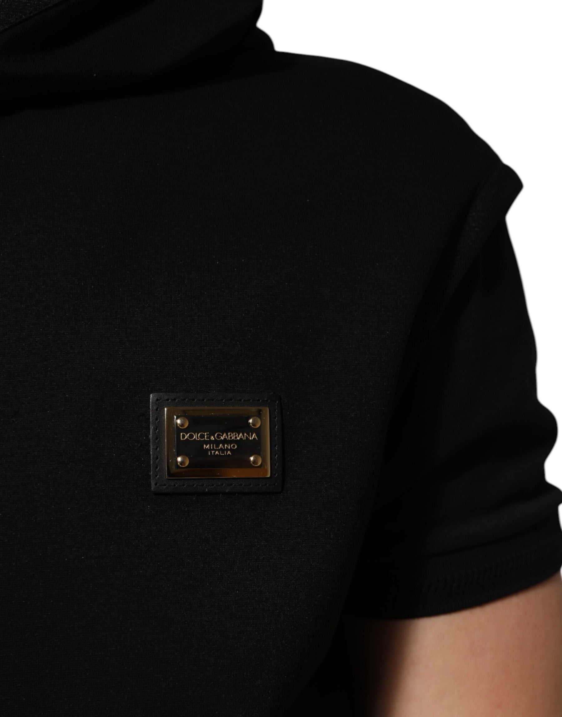 Dolce & Gabbana Black Sleeveless Hooded Logo Plaque Jacket | Regal Royce
