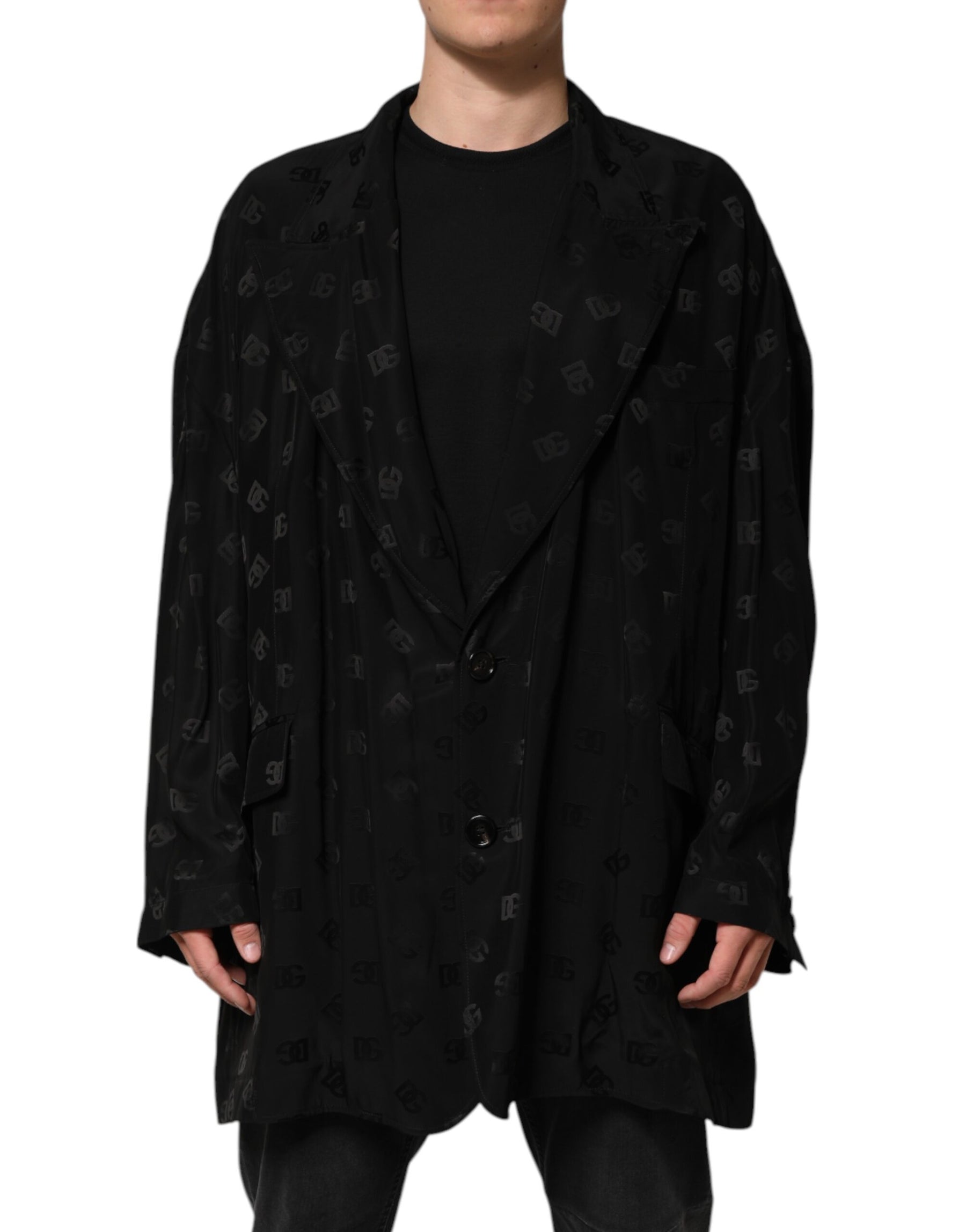 Dolce & Gabbana Black Polyester Logo Monogram Coat Jacket | Regal Royce