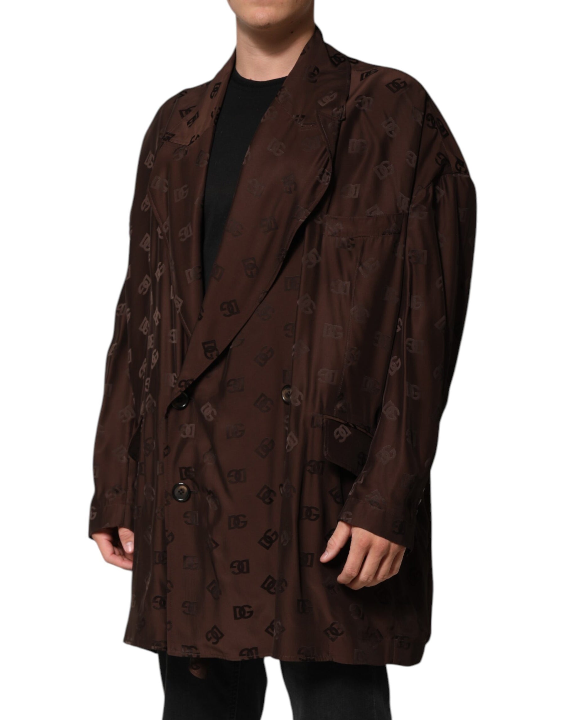 Dolce & Gabbana Brown Polyester Logo Monogram Coat Jacket | Regal Royce