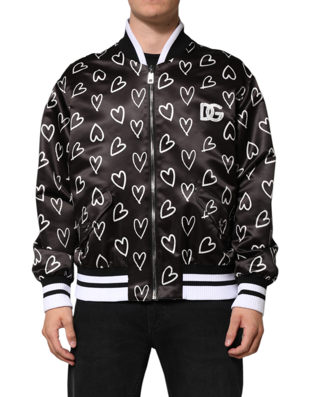 Dolce & Gabbana Black Polyester Heart Print Bomber Jacket