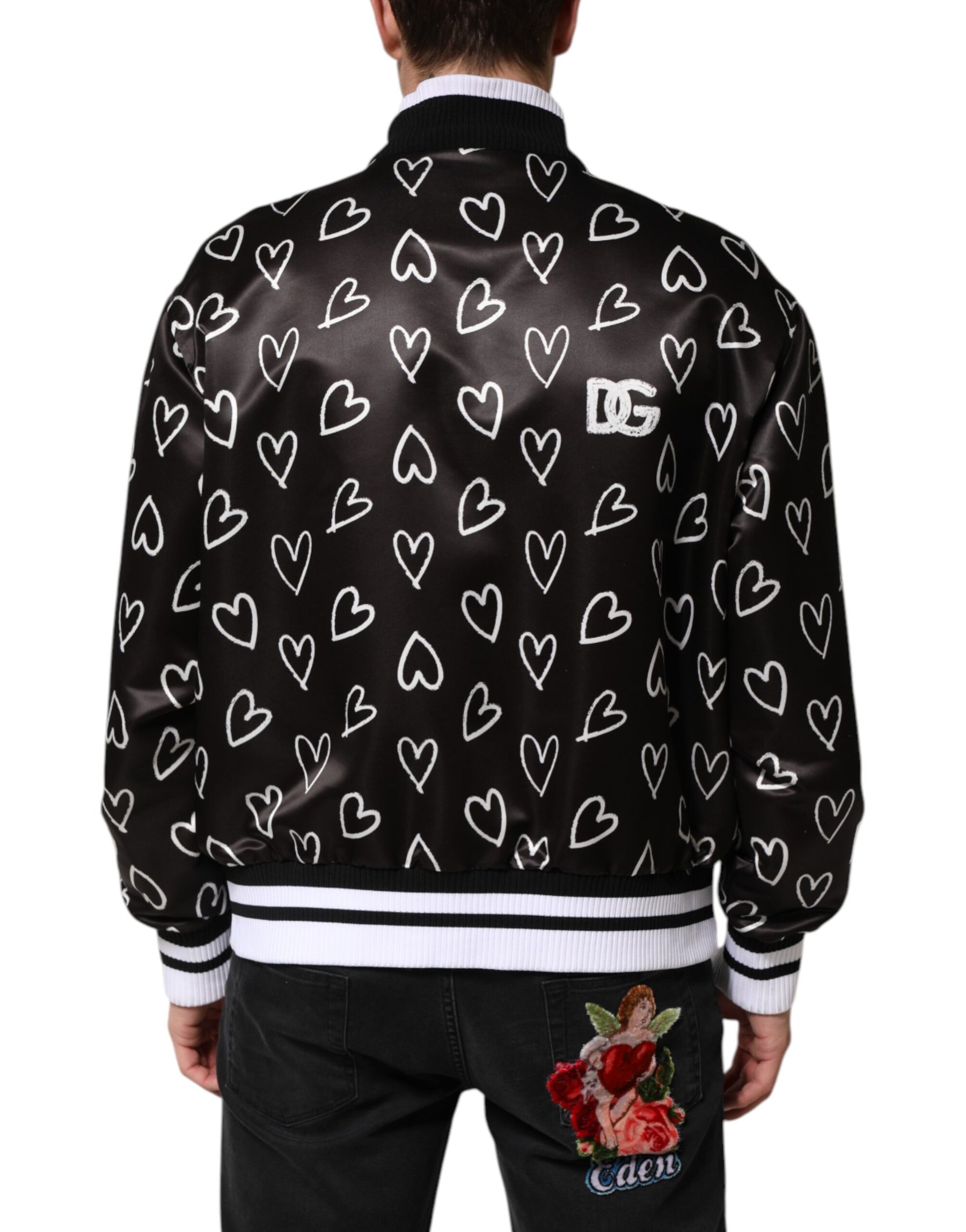 Dolce & Gabbana Black Polyester Heart Print Bomber Jacket | Regal Royce
