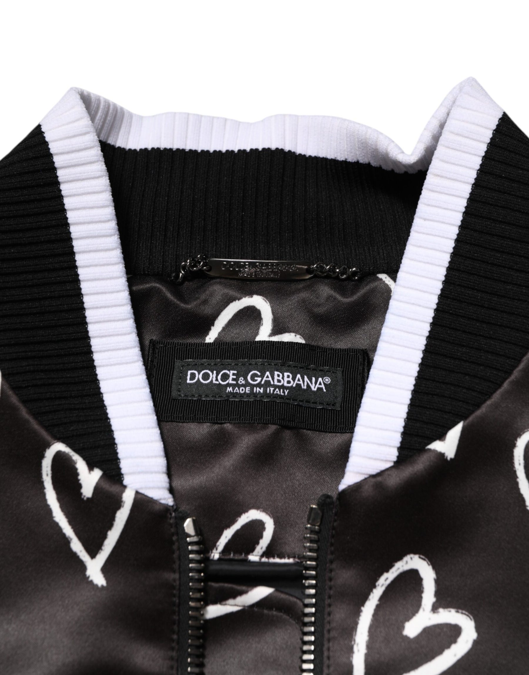 Dolce & Gabbana Black Polyester Heart Print Bomber Jacket | Regal Royce
