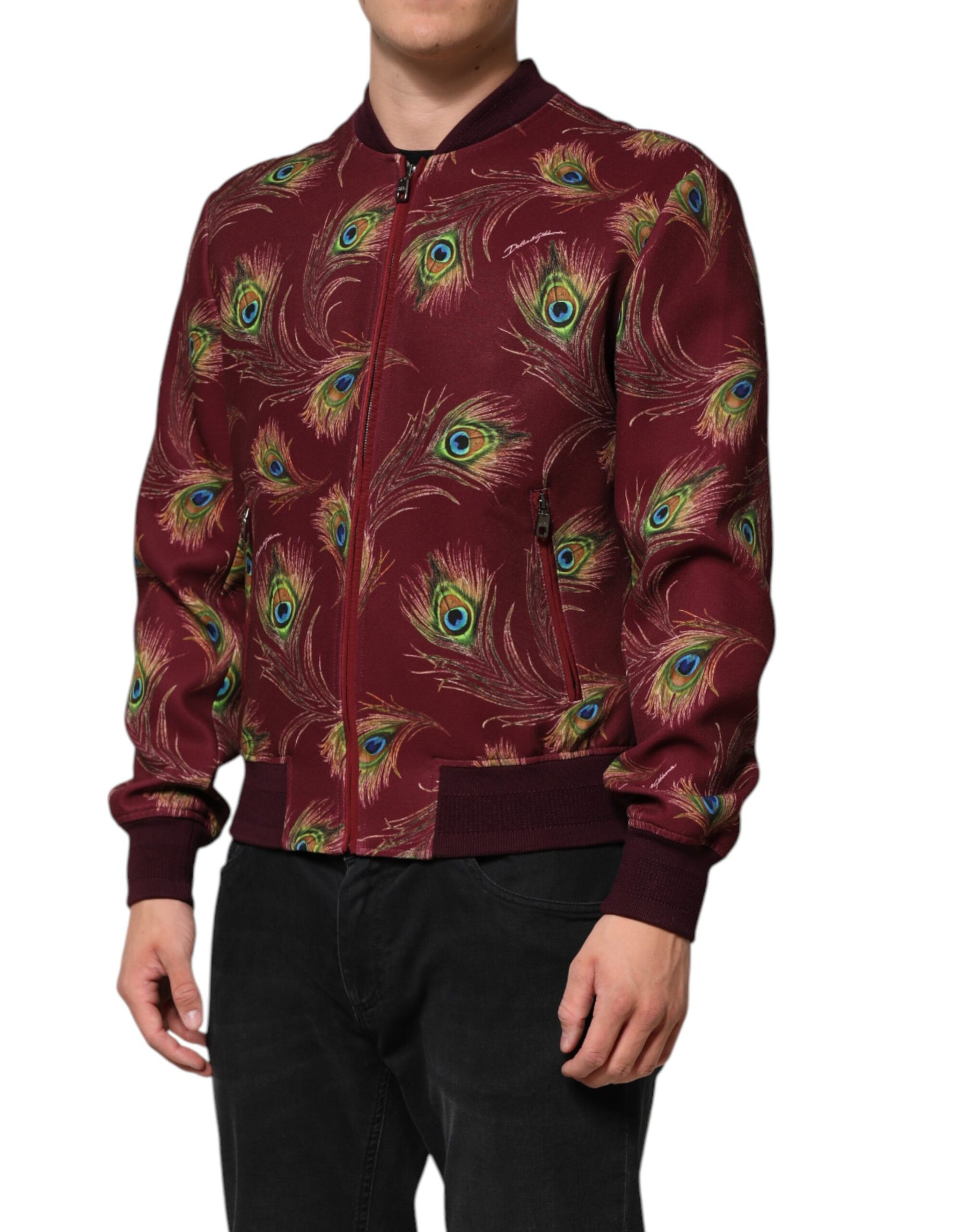 Dolce & Gabbana Maroon Peacock Feather Print Bomber Jacket | Regal Royce